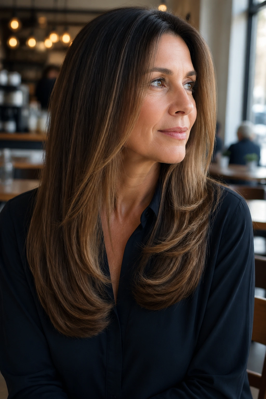 Close-up of a real woman with a subtle U-shaped hair hemline