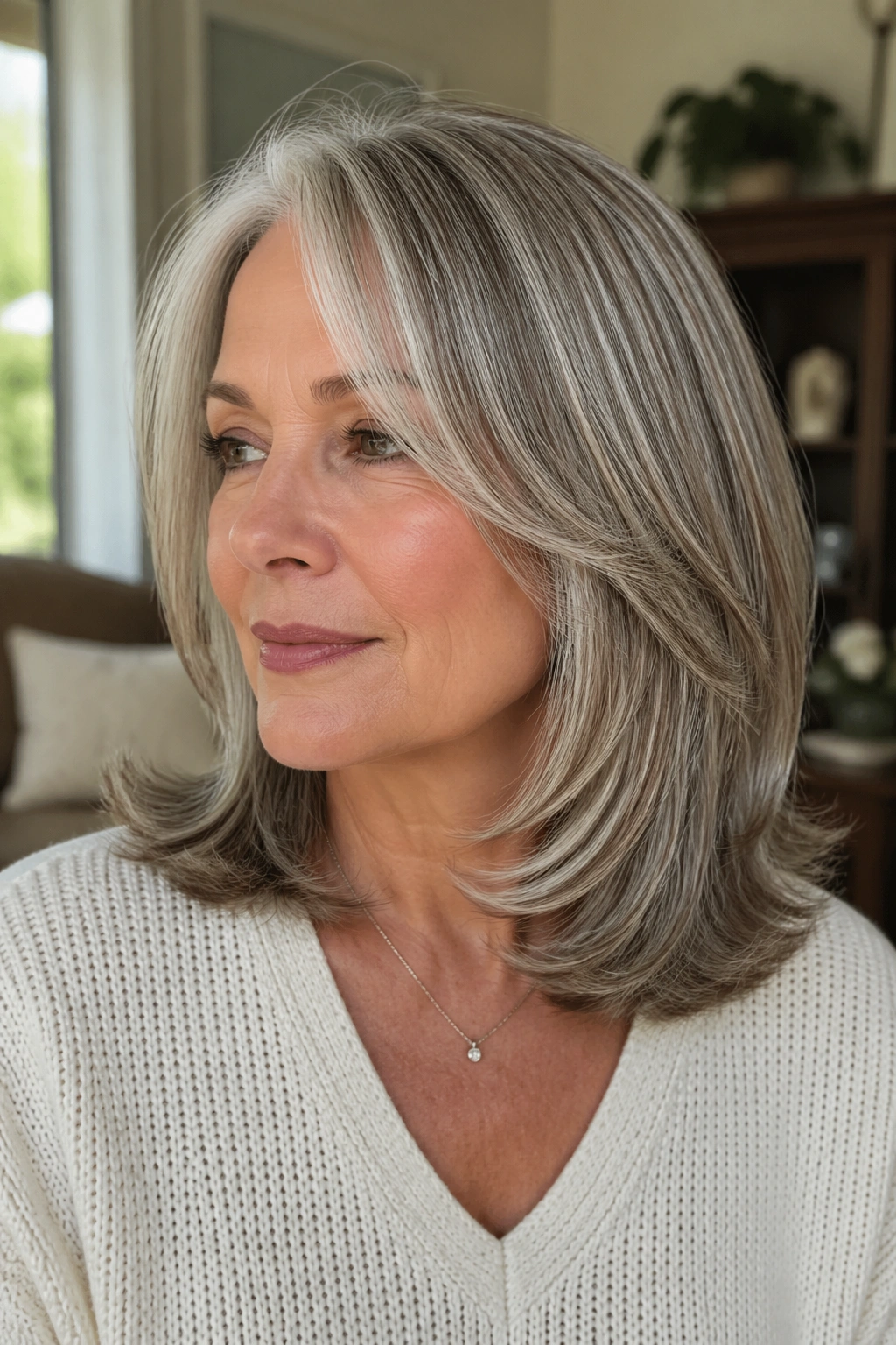 Close-up of real woman with U-Shaped Layer Cut, hair curved around shoulders in soft layers.