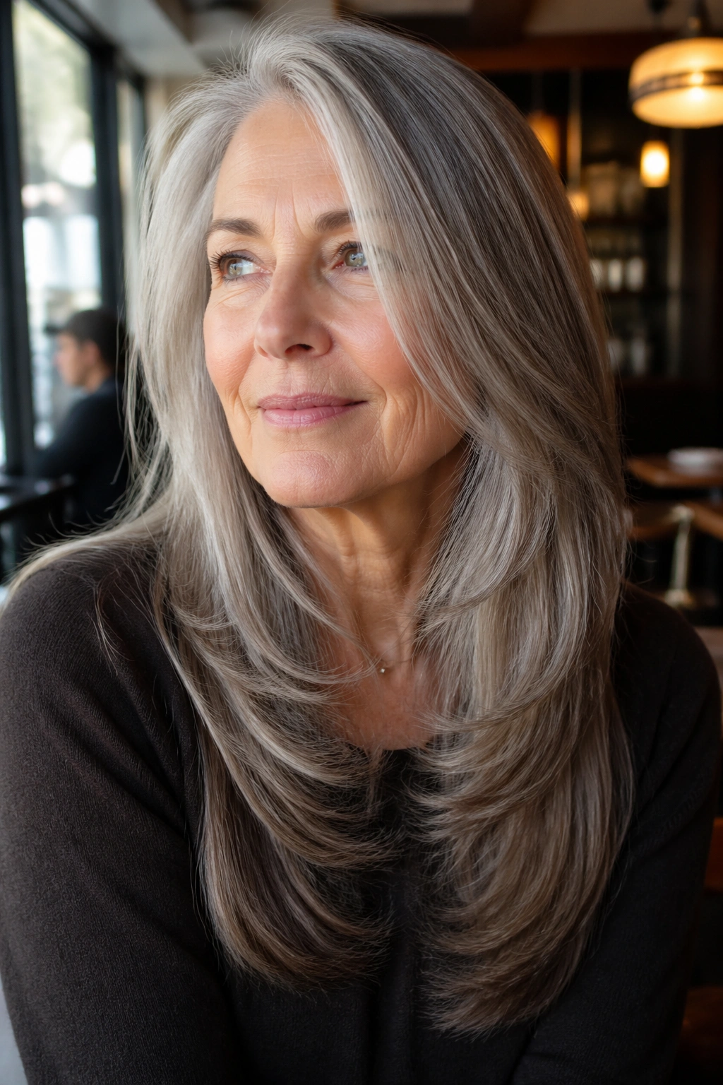 Close-up portrait of a real woman with a long U-shaped cut and invisible layers in natural daylight