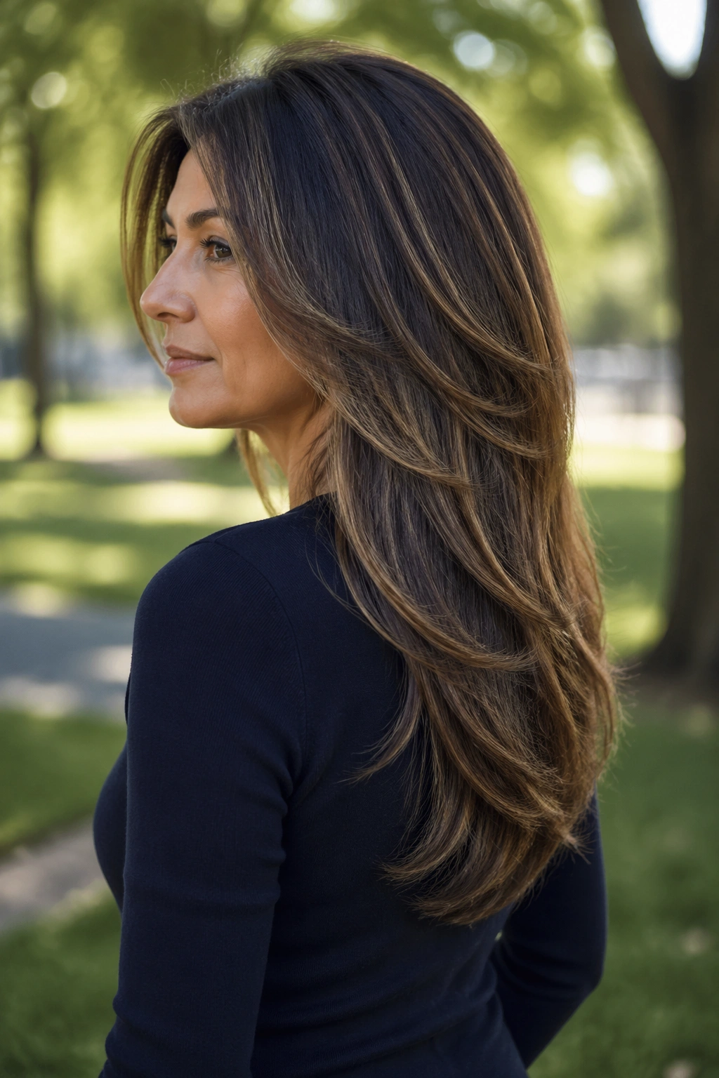 Profile portrait of a woman with a U-shaped long cut hair