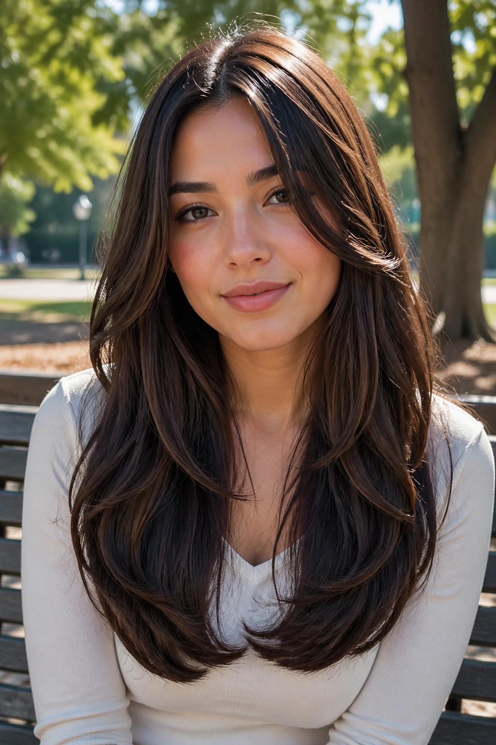 Portrait of a woman with a U-shaped long cut, center longer and curved sides in natural light.