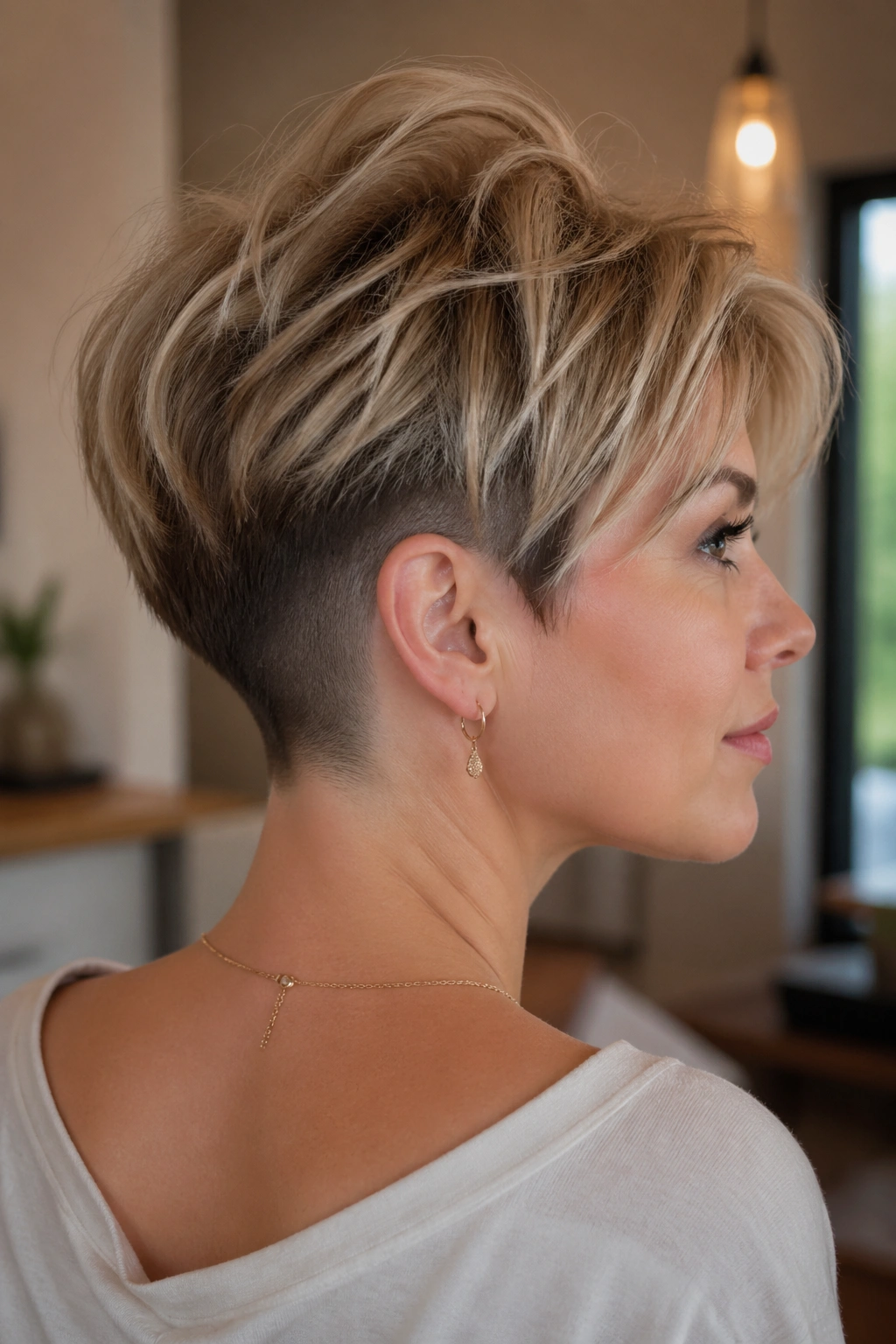 Close-up of a real person with an under-cut bixie showing shaved undercut at the nape