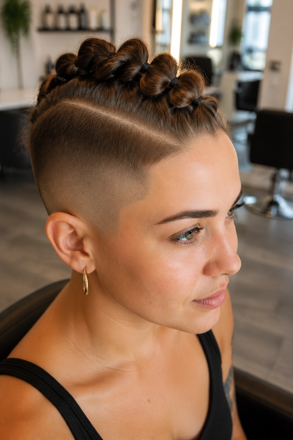 Close-up of a real person with an undercut and bubble braids on the top panel in a modern salon.