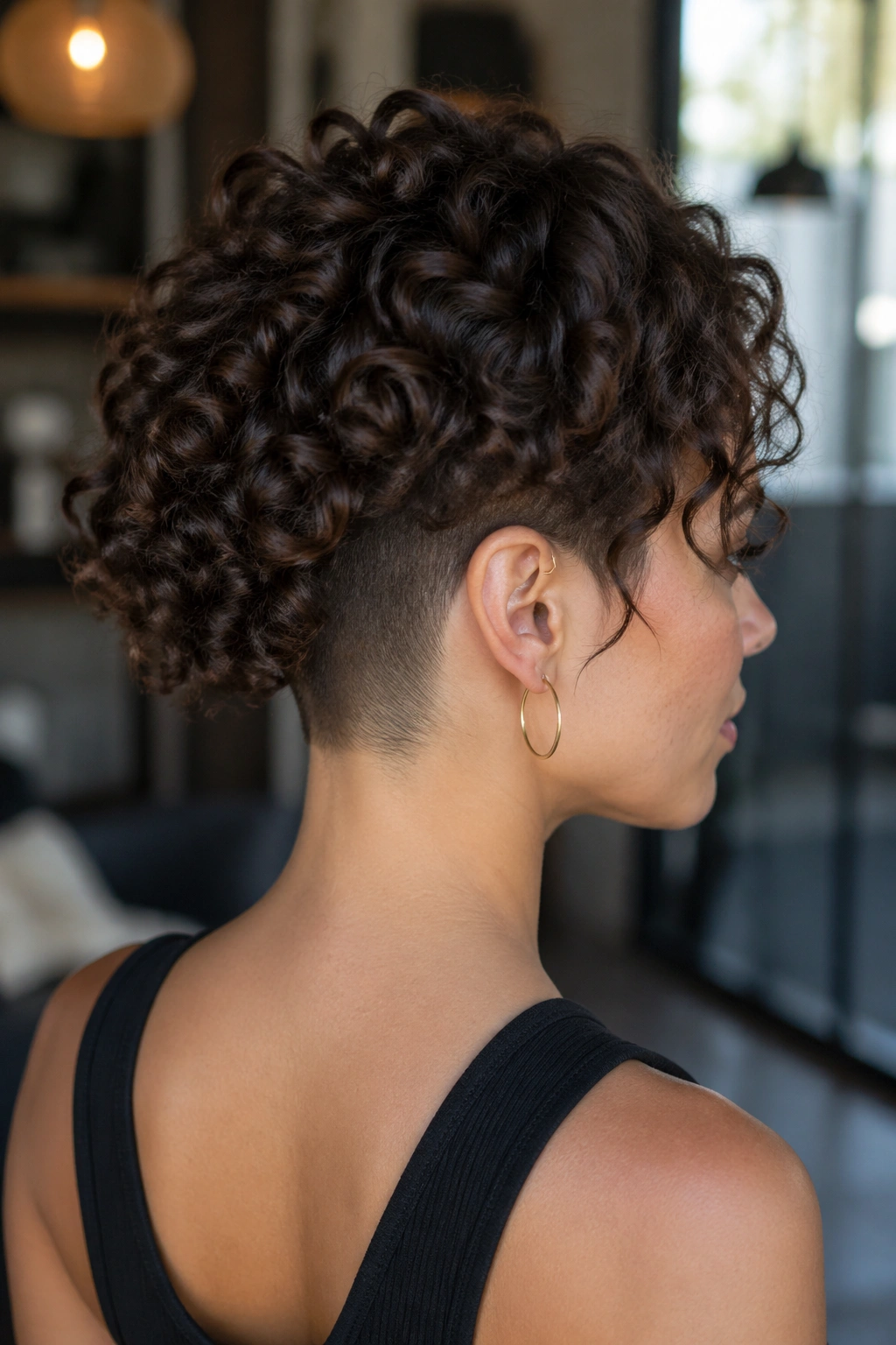 Real woman with undercut curly bob showing shaved nape under longer curls