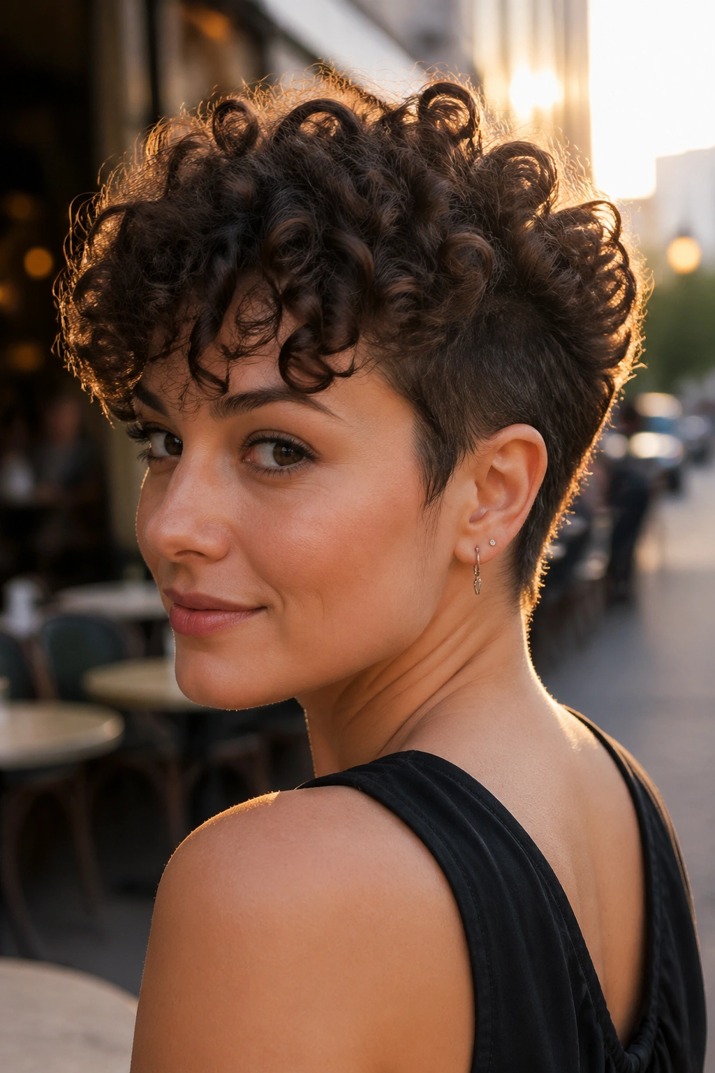 Close-up of a real person with an undercut curly crop showing top curls and shaved under portion
