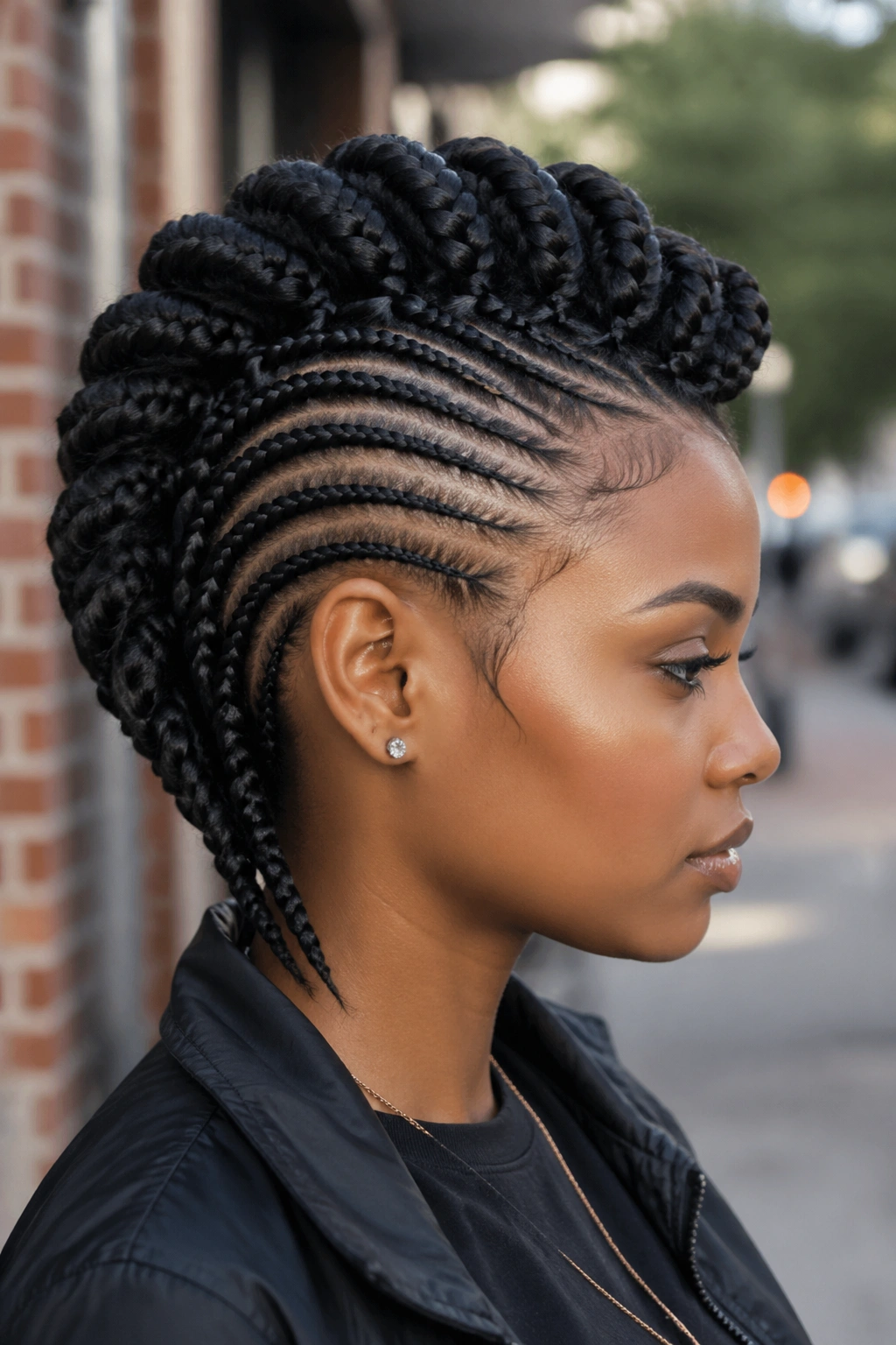Portrait of a woman with center ridge mohawk and flat-braided sides, illusion of undercut.