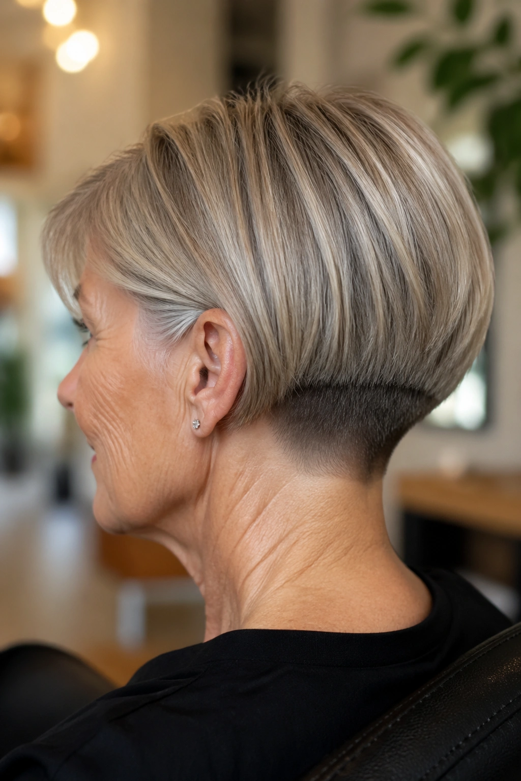 Close-up portrait of a woman with a short bob and hidden undercut at the nape