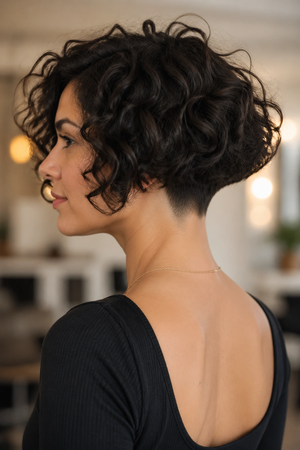 Real woman with curly inverted bob showing nape undercut