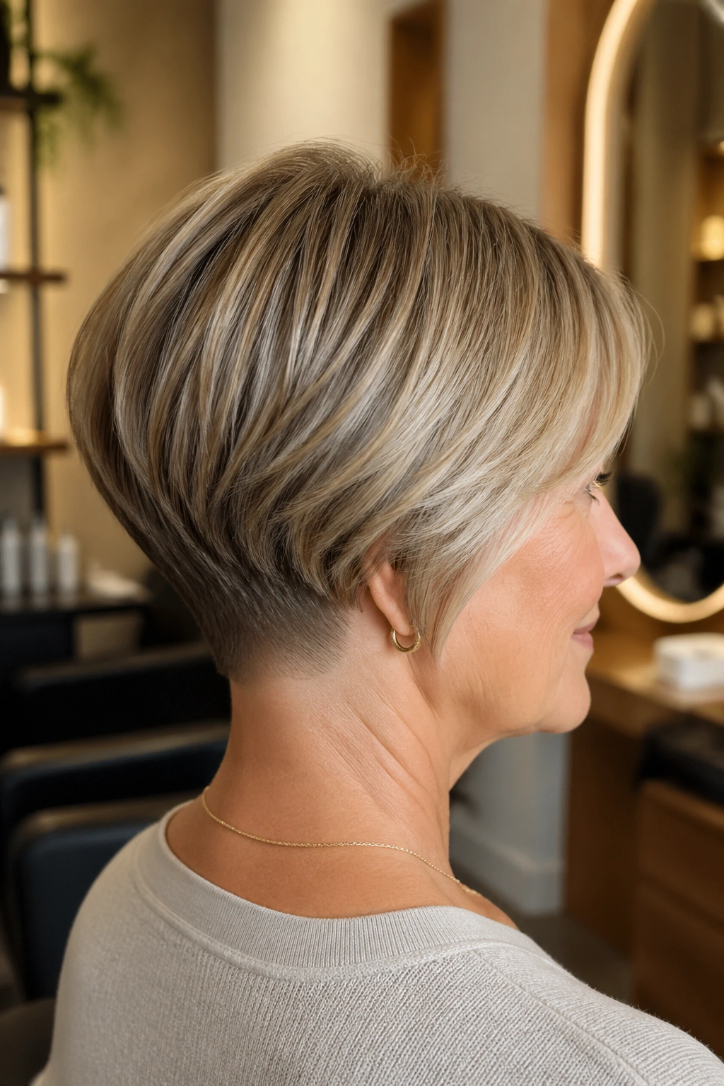 Close-up of a real woman with a wedge bob and soft undercut at the nape in a warm salon setting