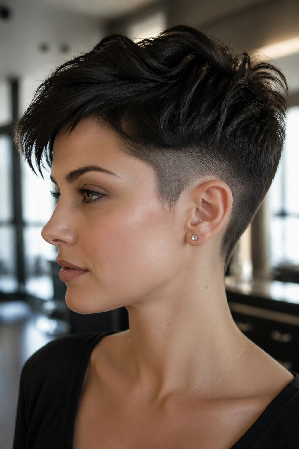 Close-up portrait of a real person with an undercut pixie hairstyle