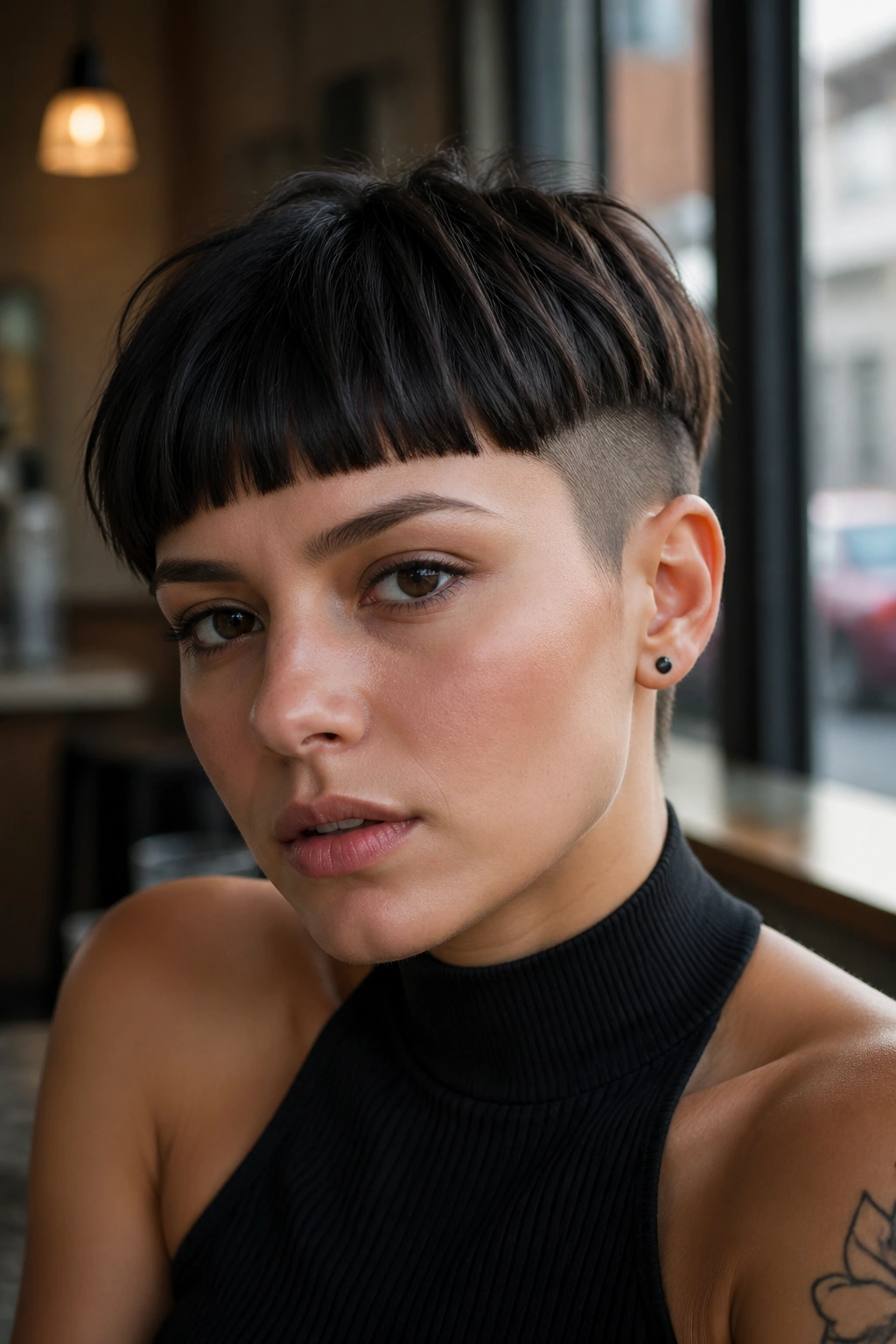 Close-up of a real person with undercut pixie and blunt bangs in a cafe setting