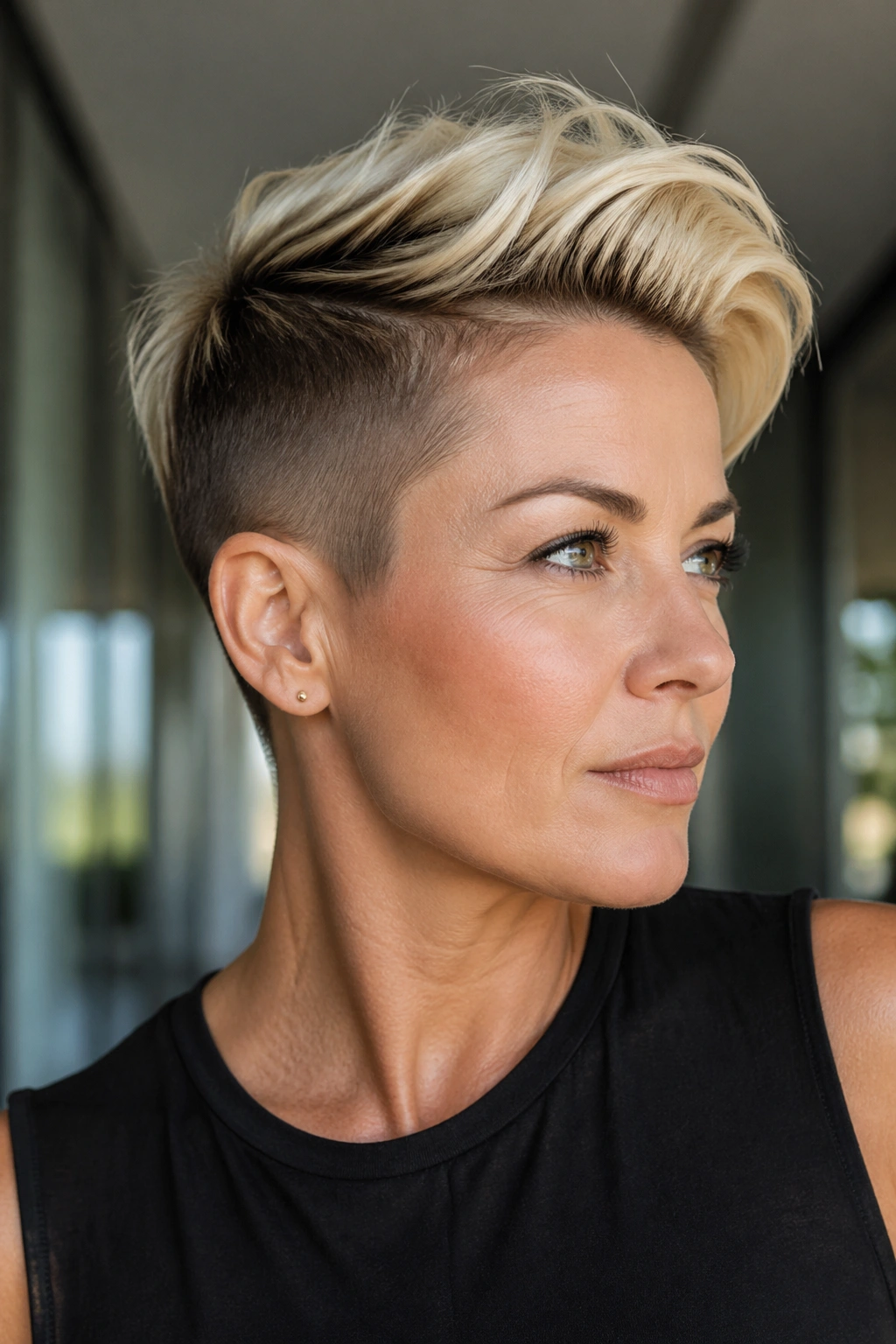 Real woman displaying undercut pixie with long top in soft daylight