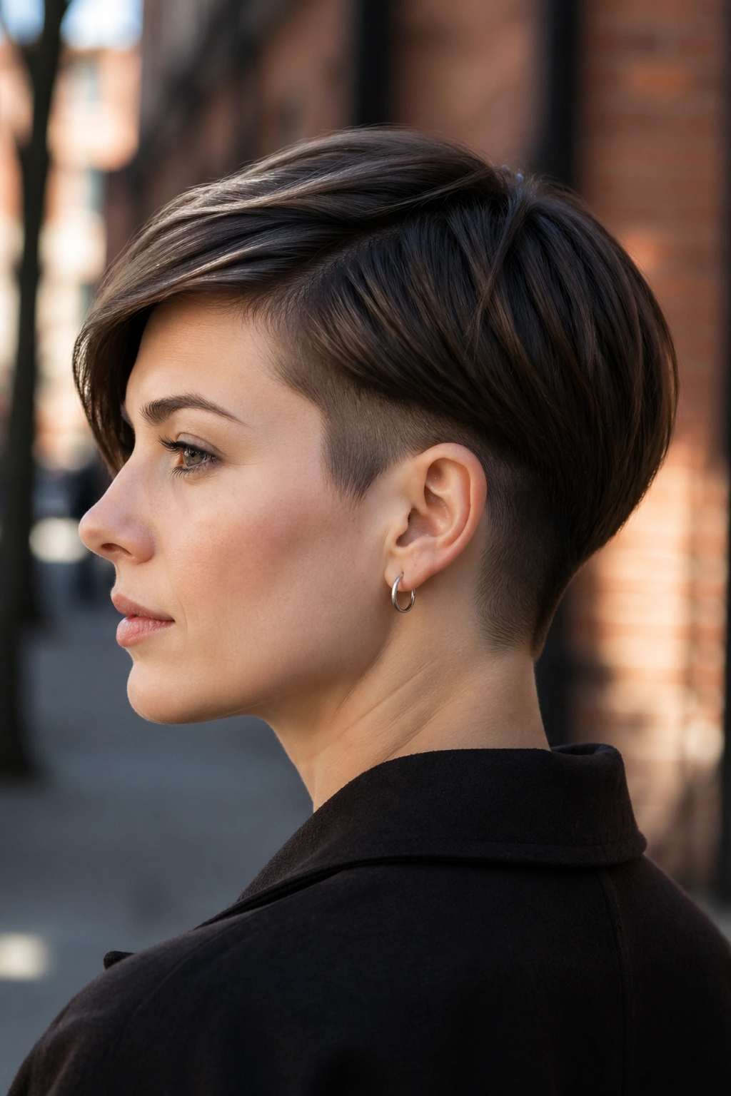 Close-up of a real woman with an undercut pixie bob on a city street