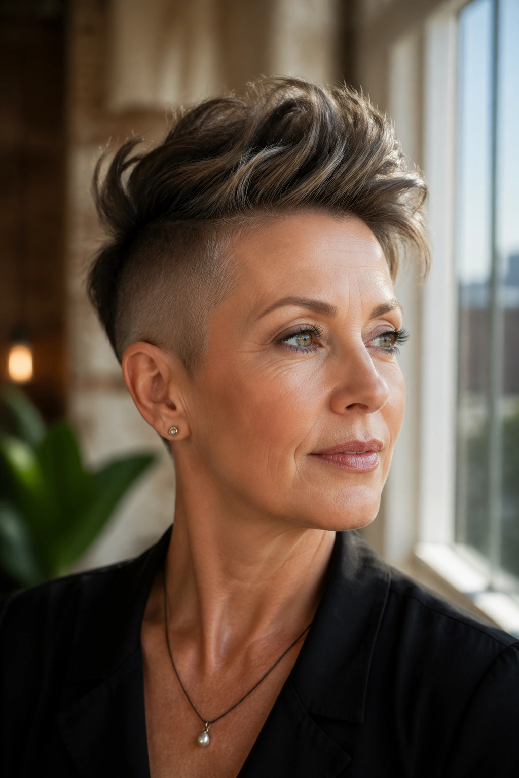 Close-up of a real woman with an undercut pixie and lifted crown