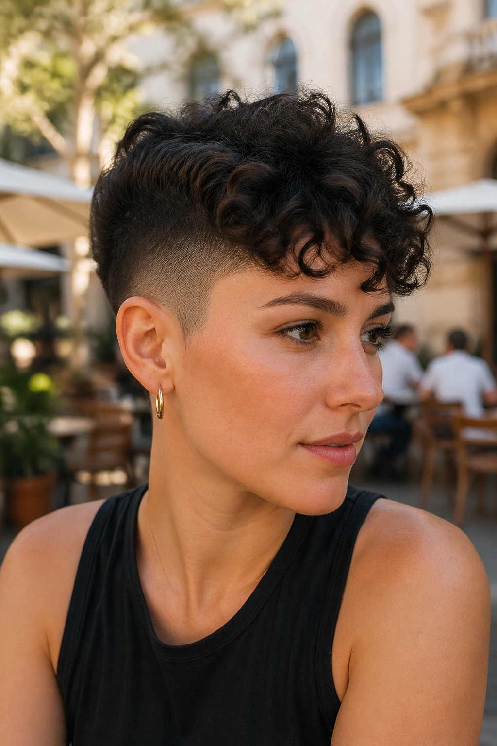 Close-up portrait of a real person with an undercut pixie for thick curly hair