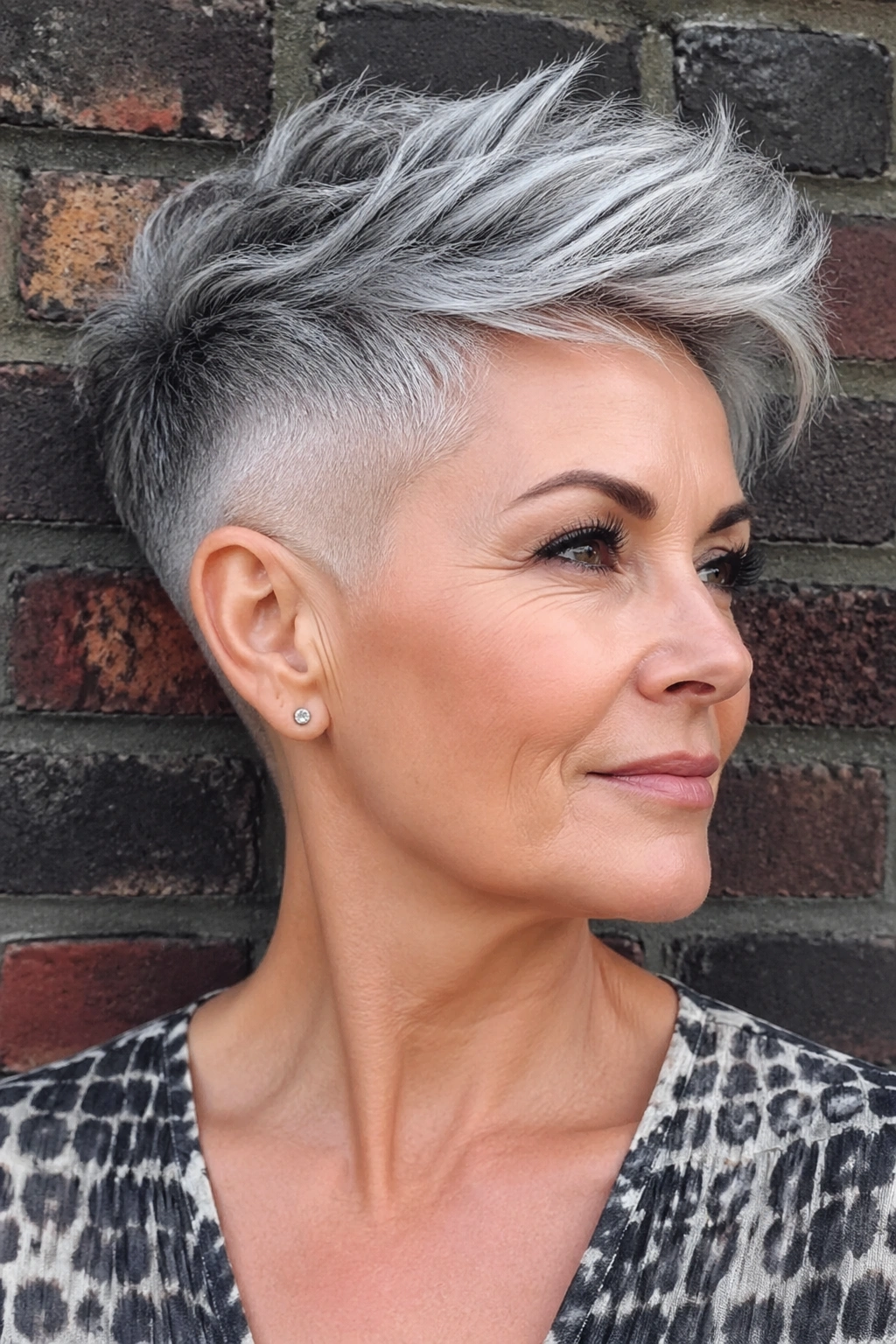 Real woman with undercut pixie, bold profile in urban daylight.