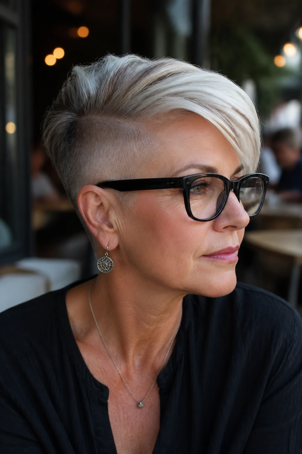 Portrait of an older woman with an undercut pixie and long top sweep wearing glasses