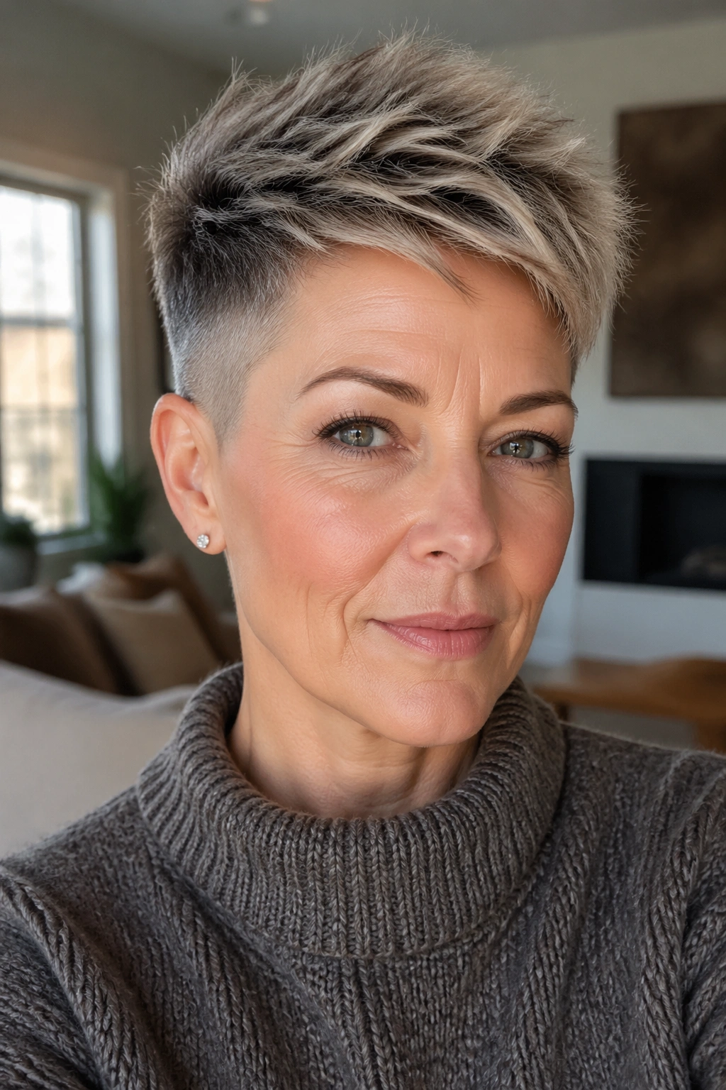 Close-up of real woman with undercut pixie hairstyle in soft daylight