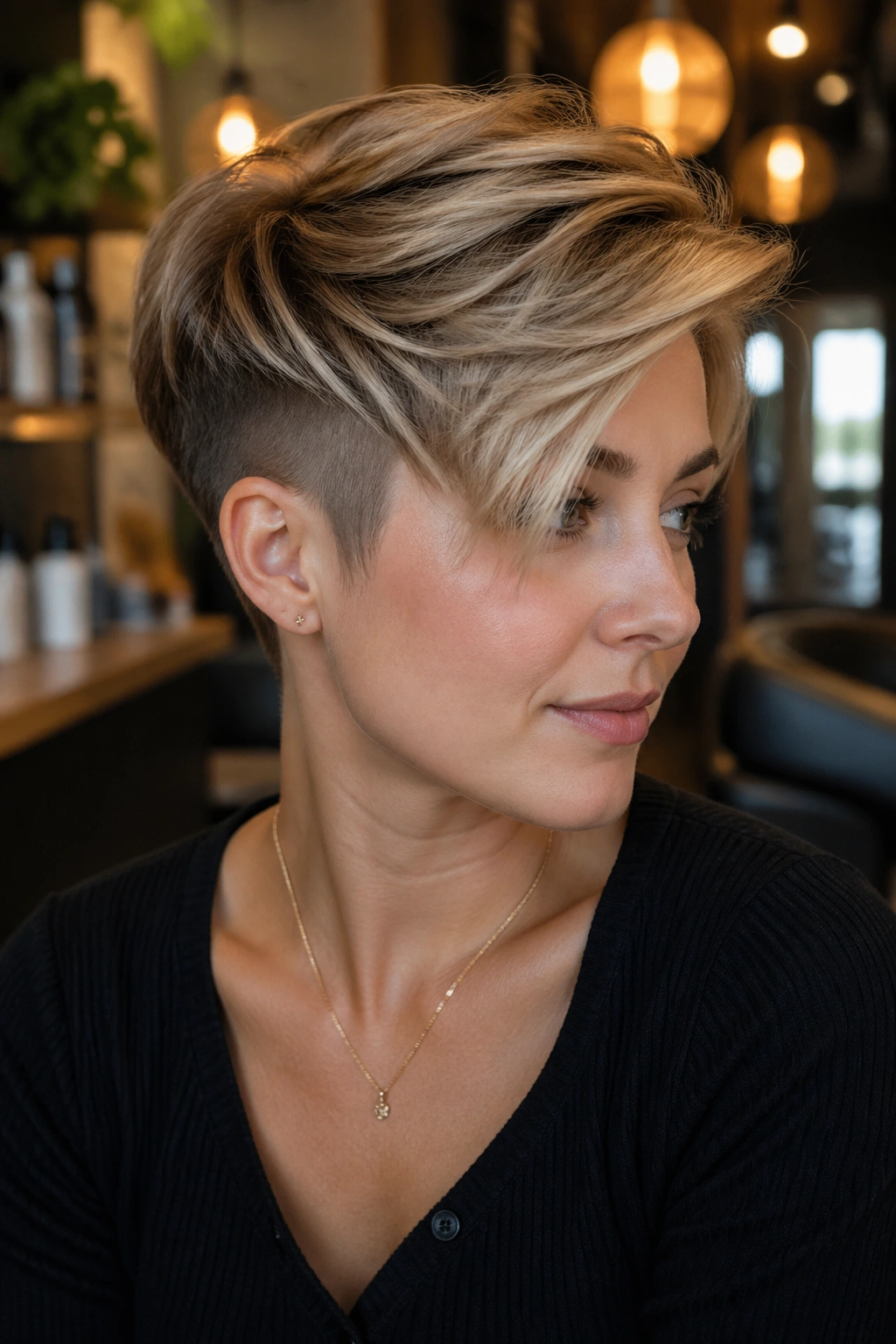 Close-up portrait of a real person with undercut pixie and long top layers in a stylish salon setting