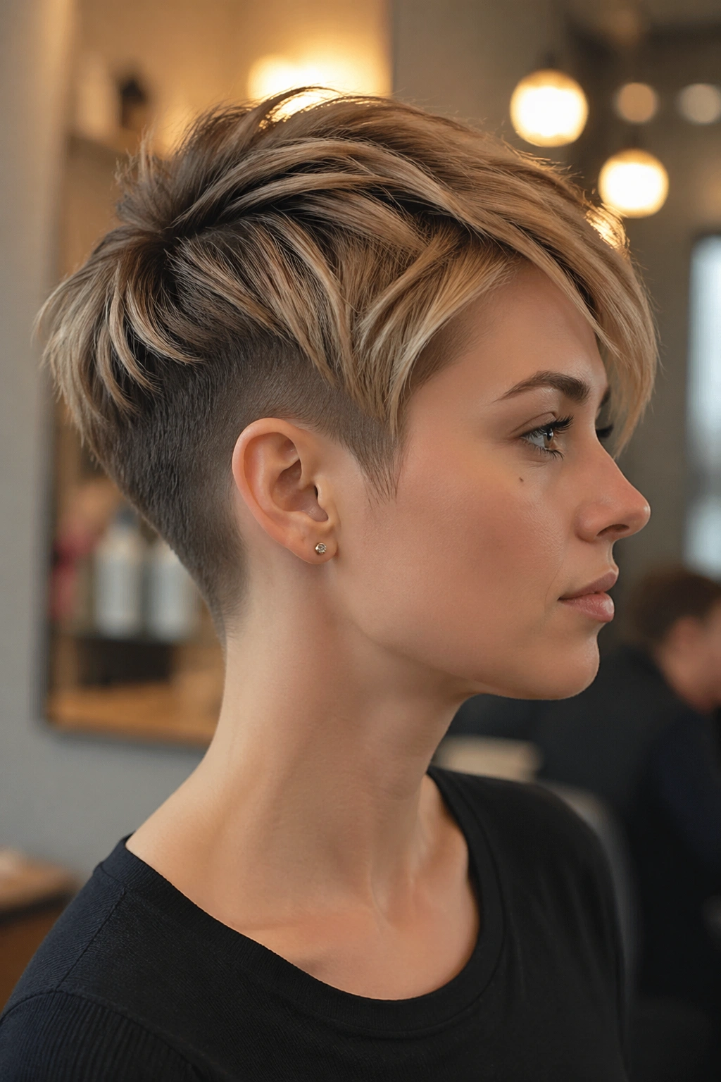 Portrait of a real woman with an undercut pixie and long top