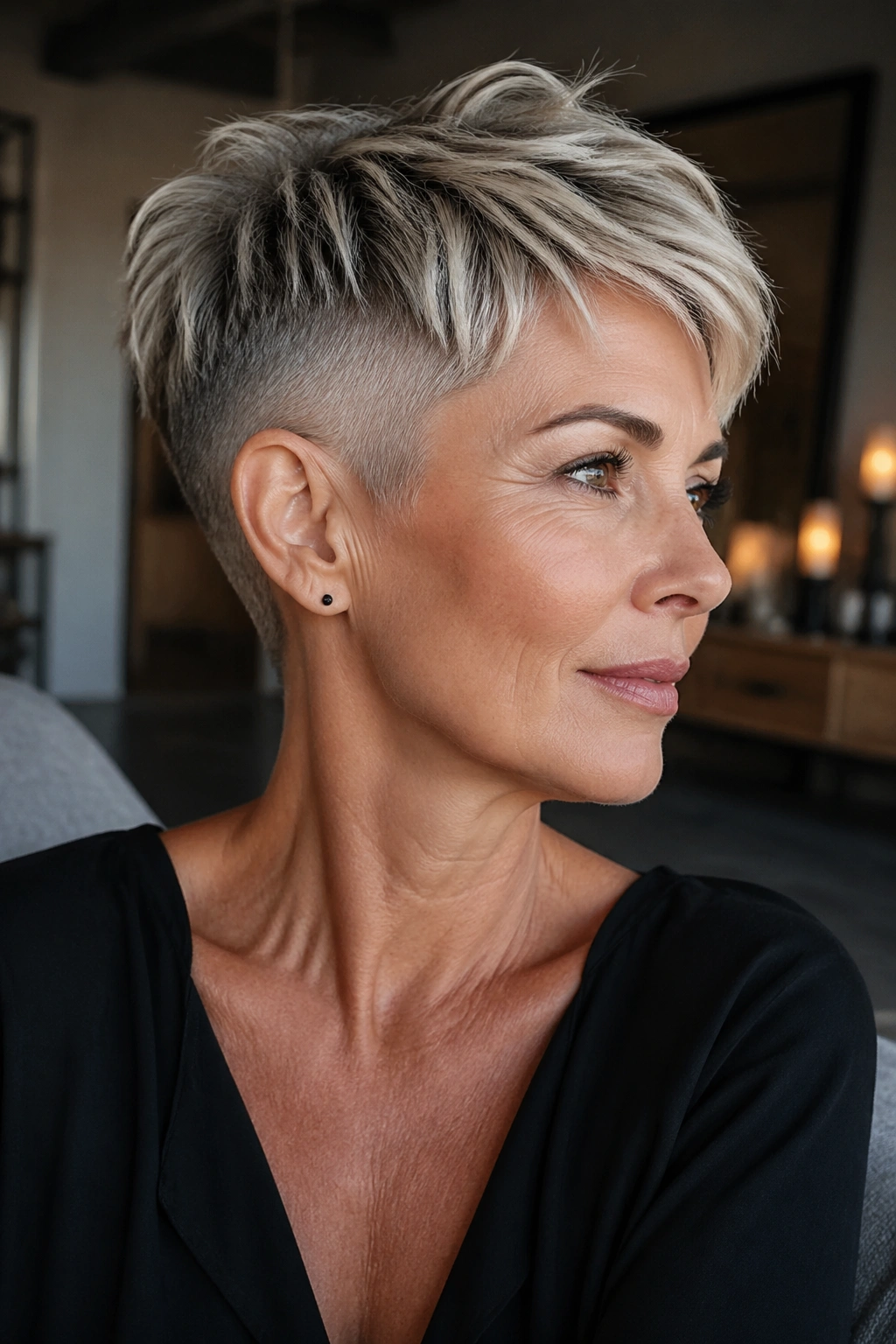 Portrait of a woman with an undercut pixie and longer top.