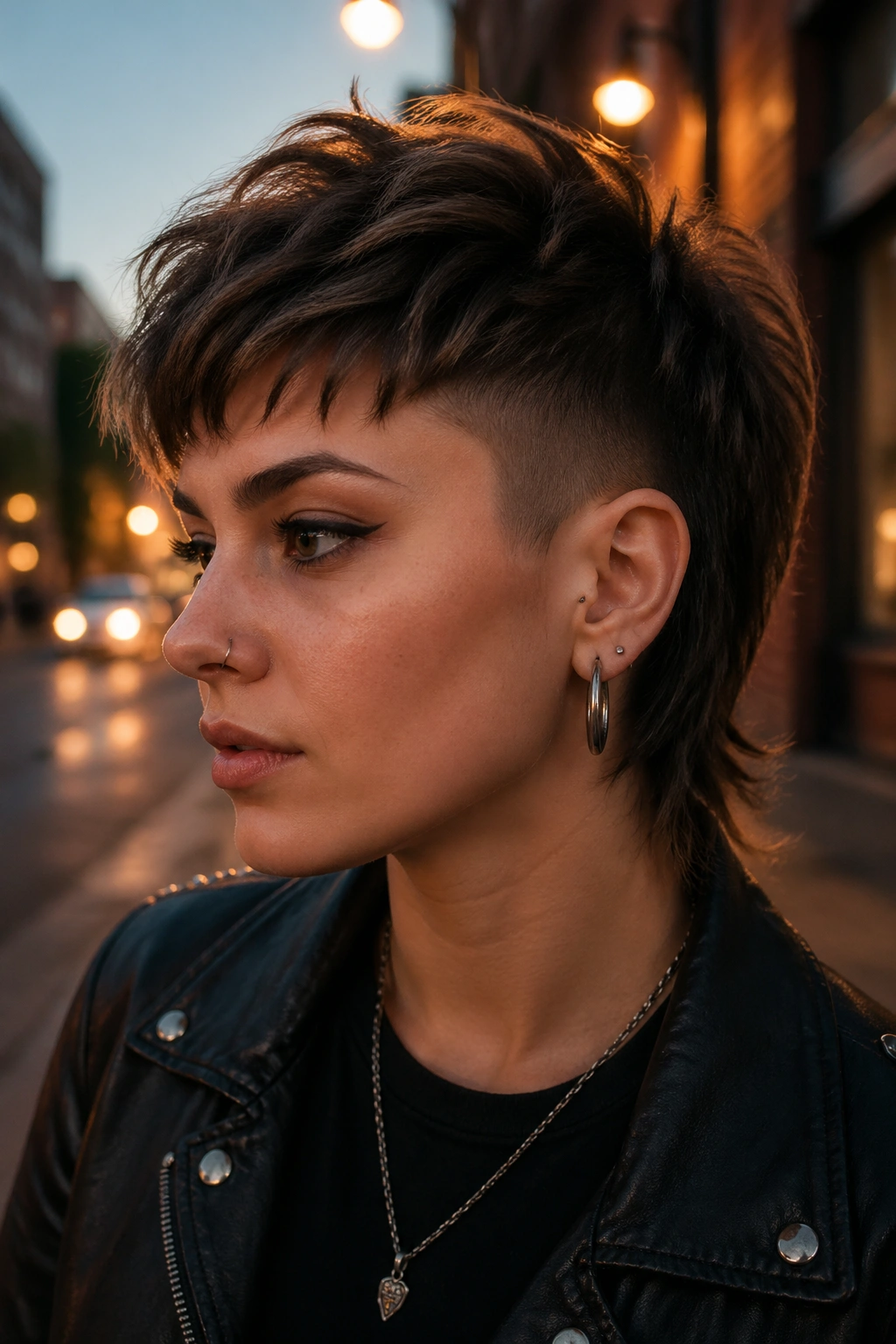 Portrait of a real person with an undercut pixie mullet on a city sidewalk at dusk