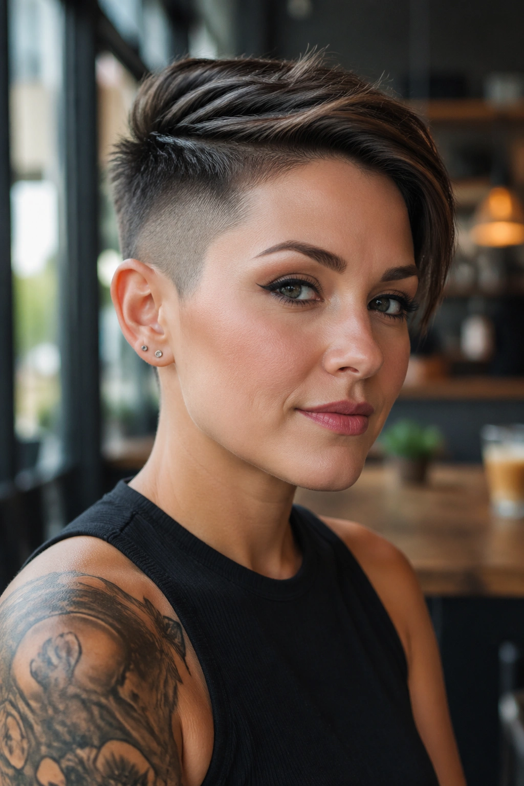 Close-up portrait of a real woman with an undercut pixie hairstyle.