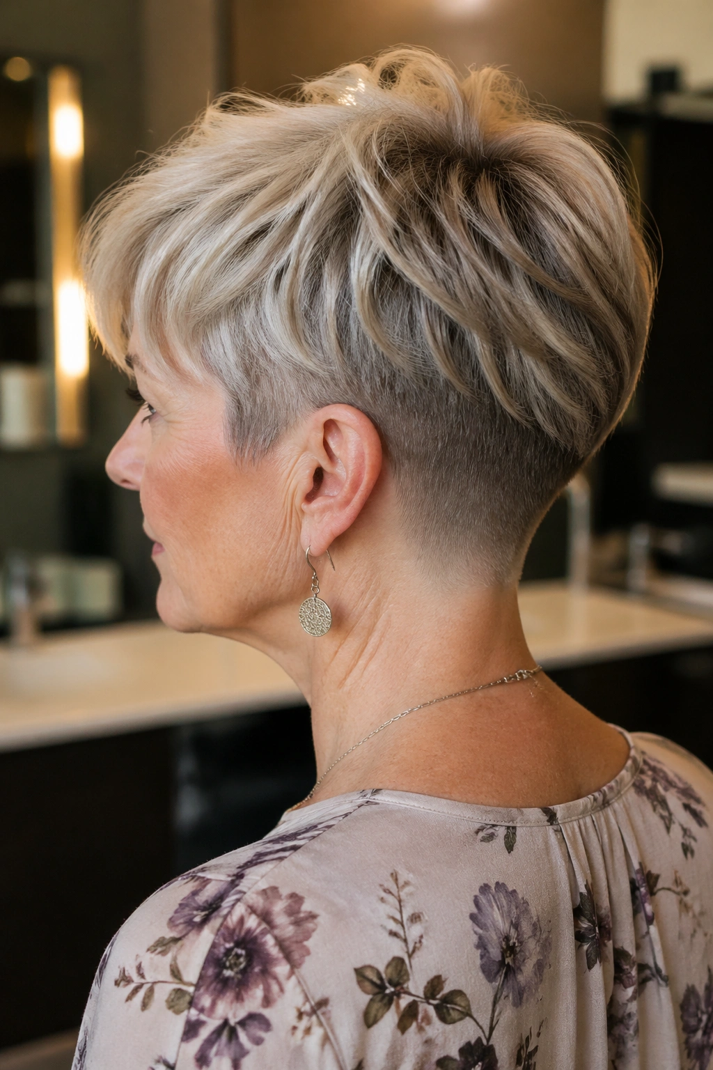 Rear three-quarter view of undercut pixie with soft top on real woman