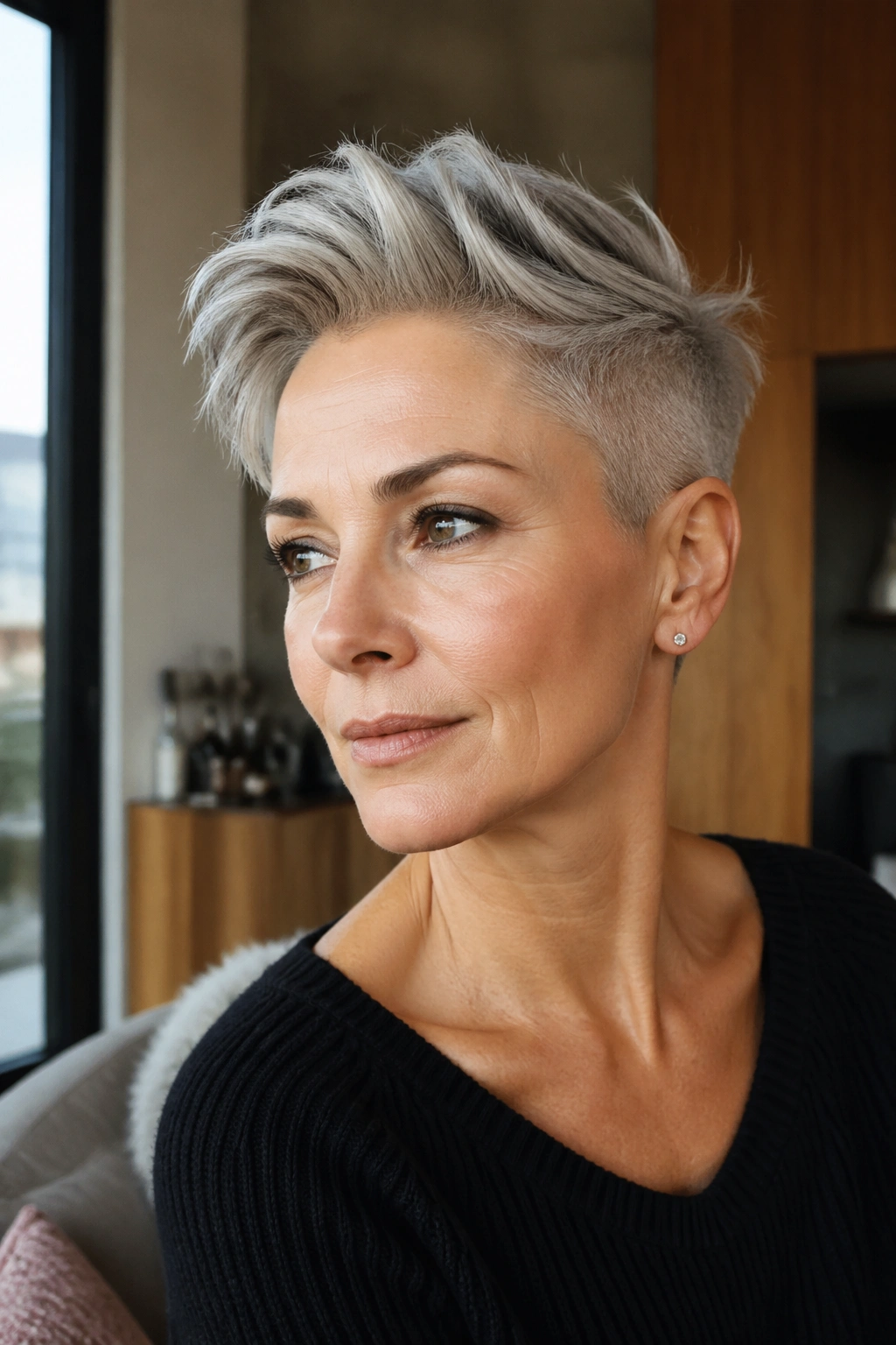 Portrait of a real woman with undercut pixie and strong top in warm studio light