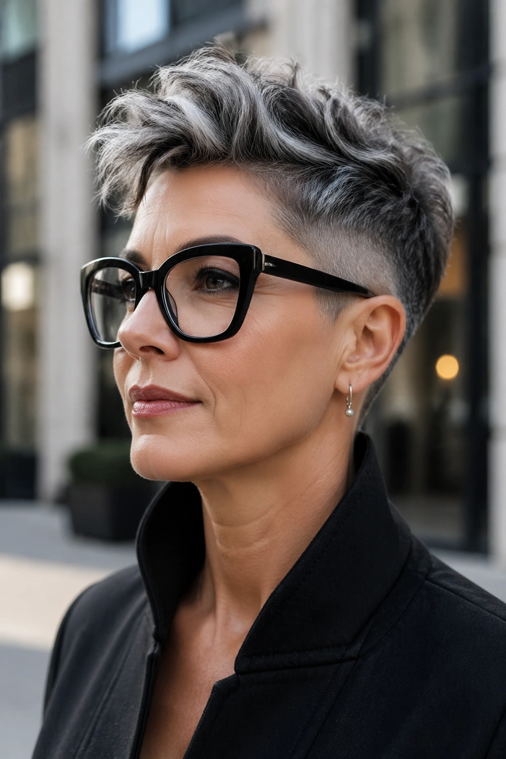 Close-up of a woman with an undercut pixie and bold frames.