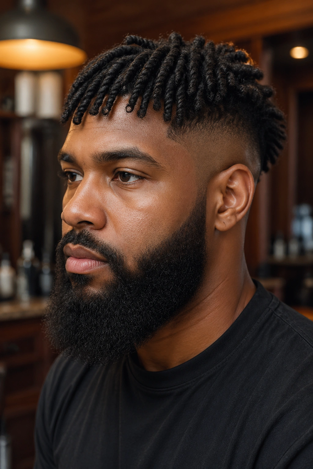 Close-up portrait of a man with undercut sides, twists on top, and full chin beard in a barbershop
