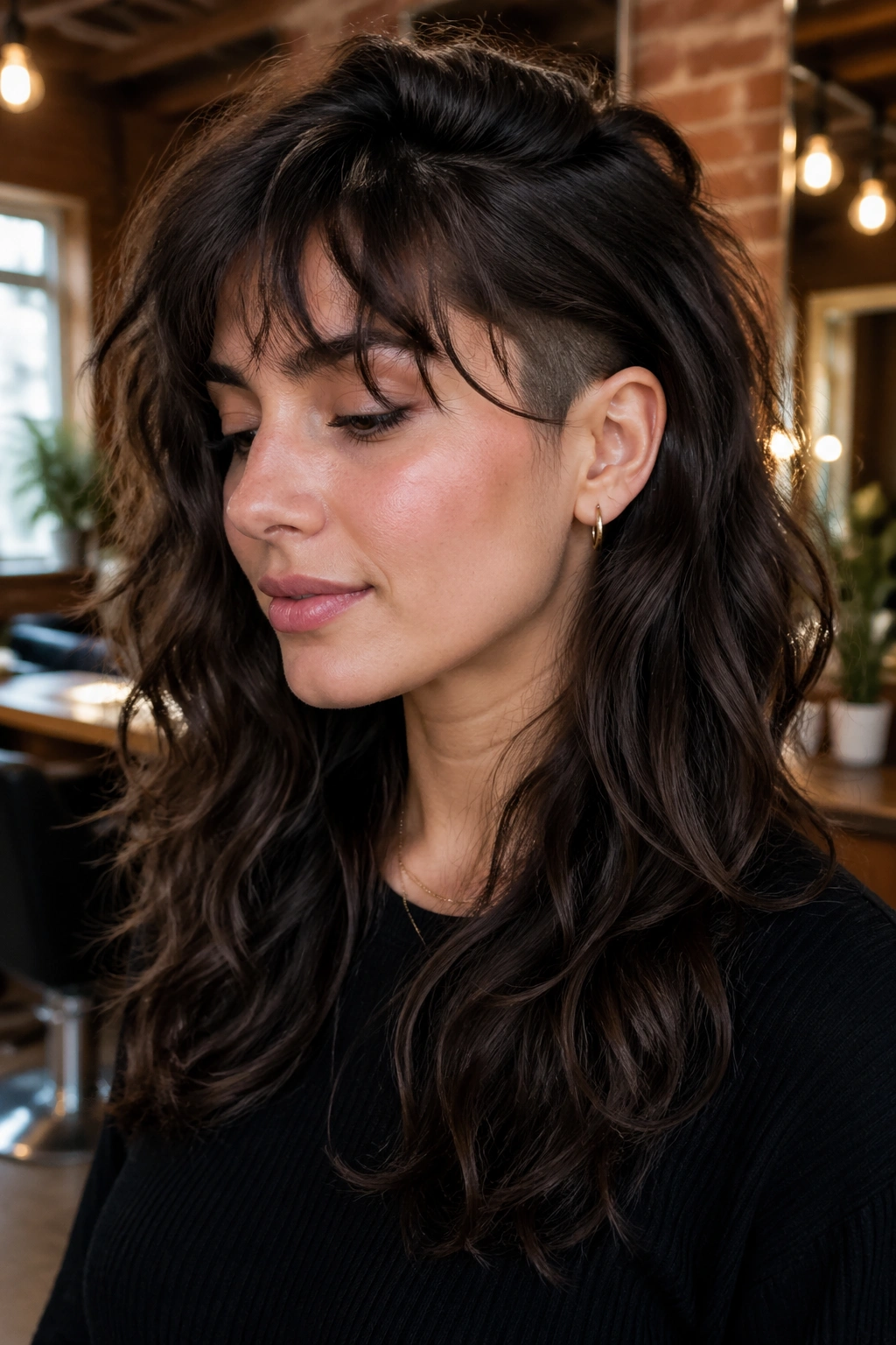 Close-up of thick wavy hair with wispy bangs and visible undercut layers on a real person