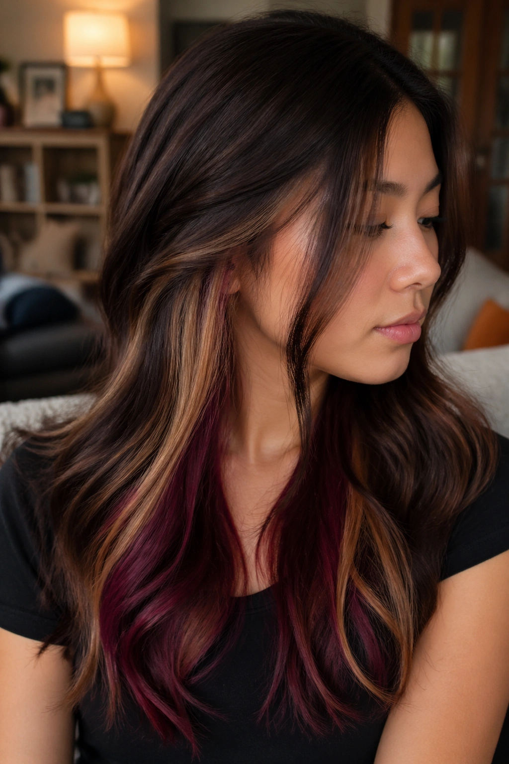 Close-up of a real person with hidden underlayer calico revealing color under the top layer.
