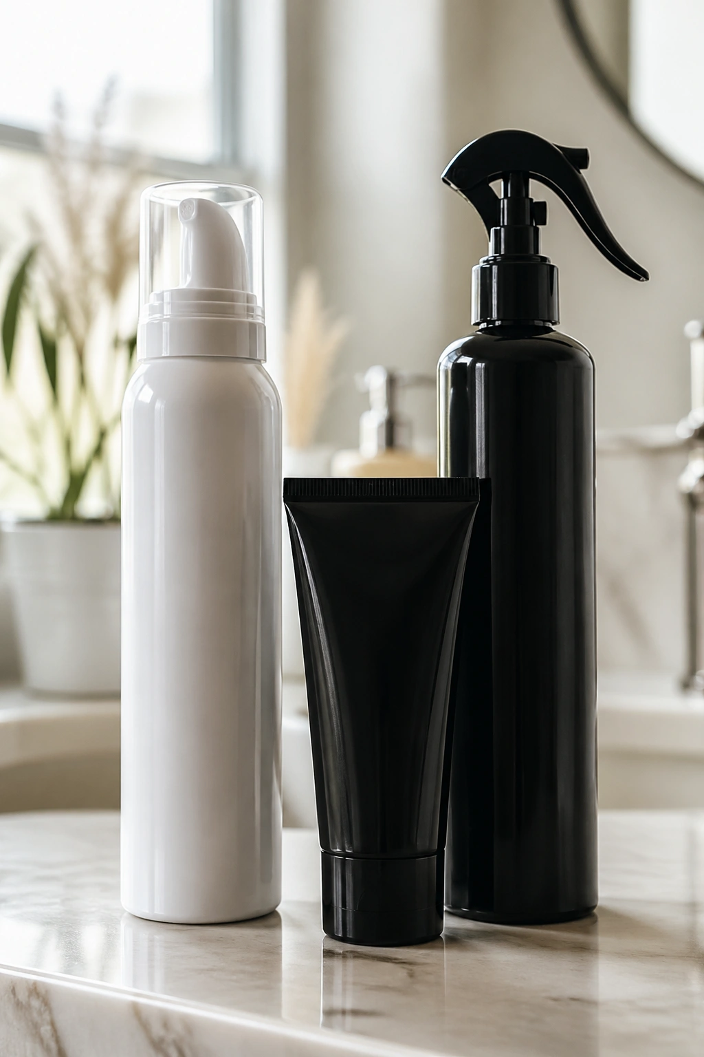 Close-up of unlabeled hair styling products on a bathroom counter