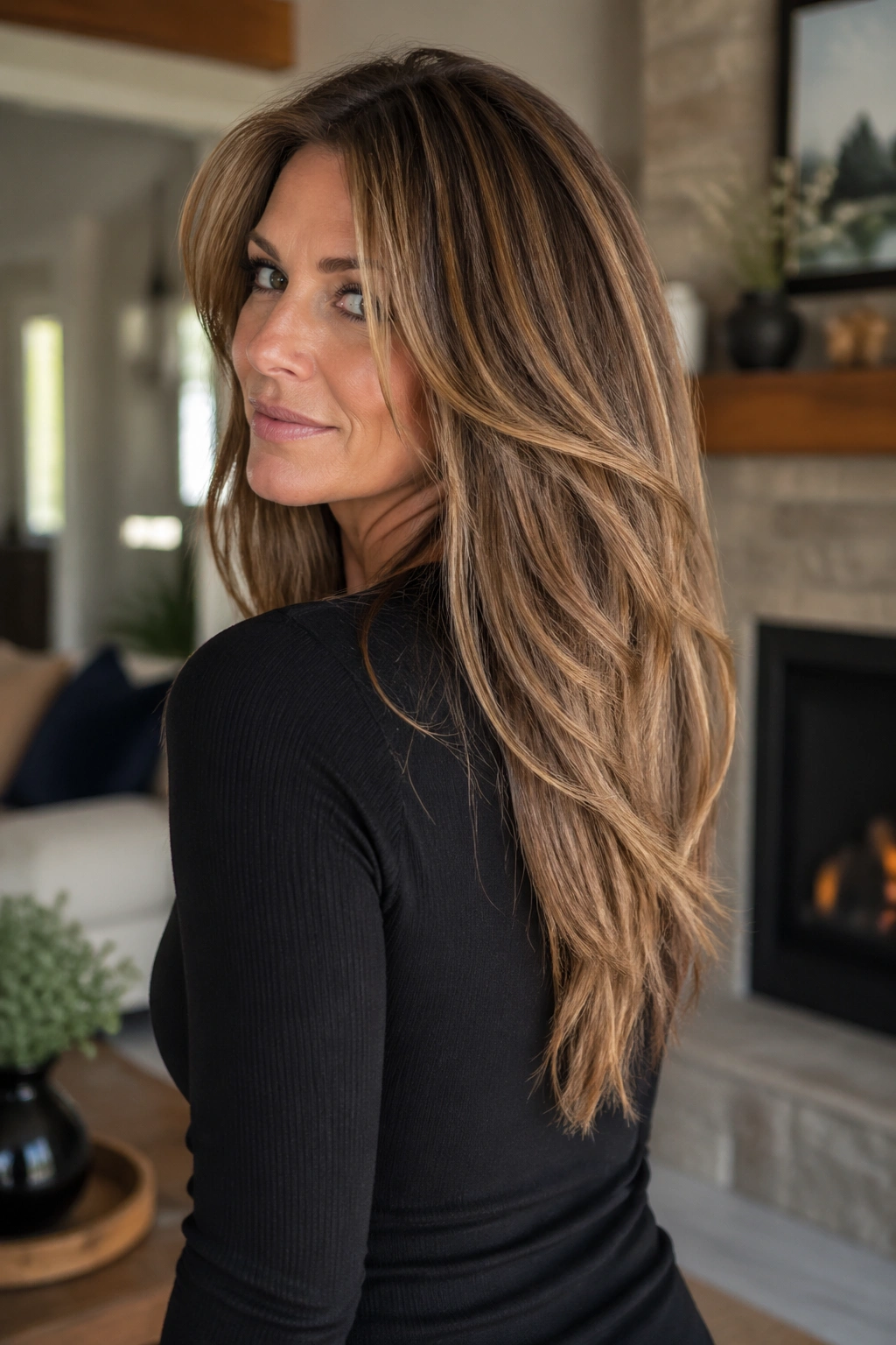 Close-up of a real woman with a V-cut back in long thick hair