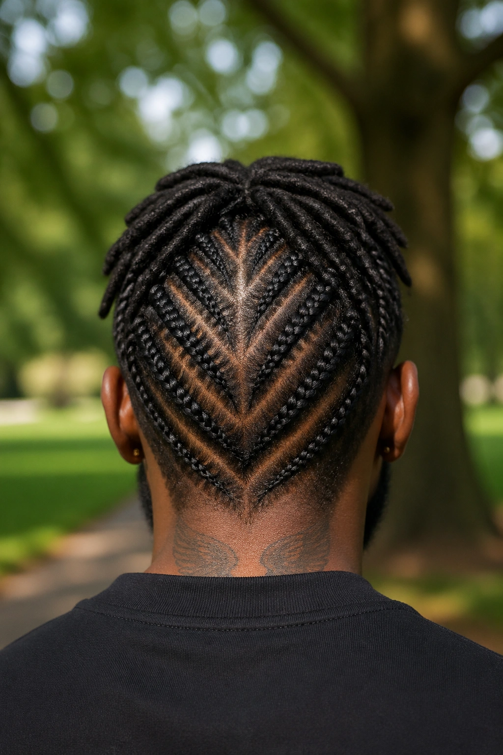 Rear view of V-pattern back braids converging at the nape on a real man in a park with natural light