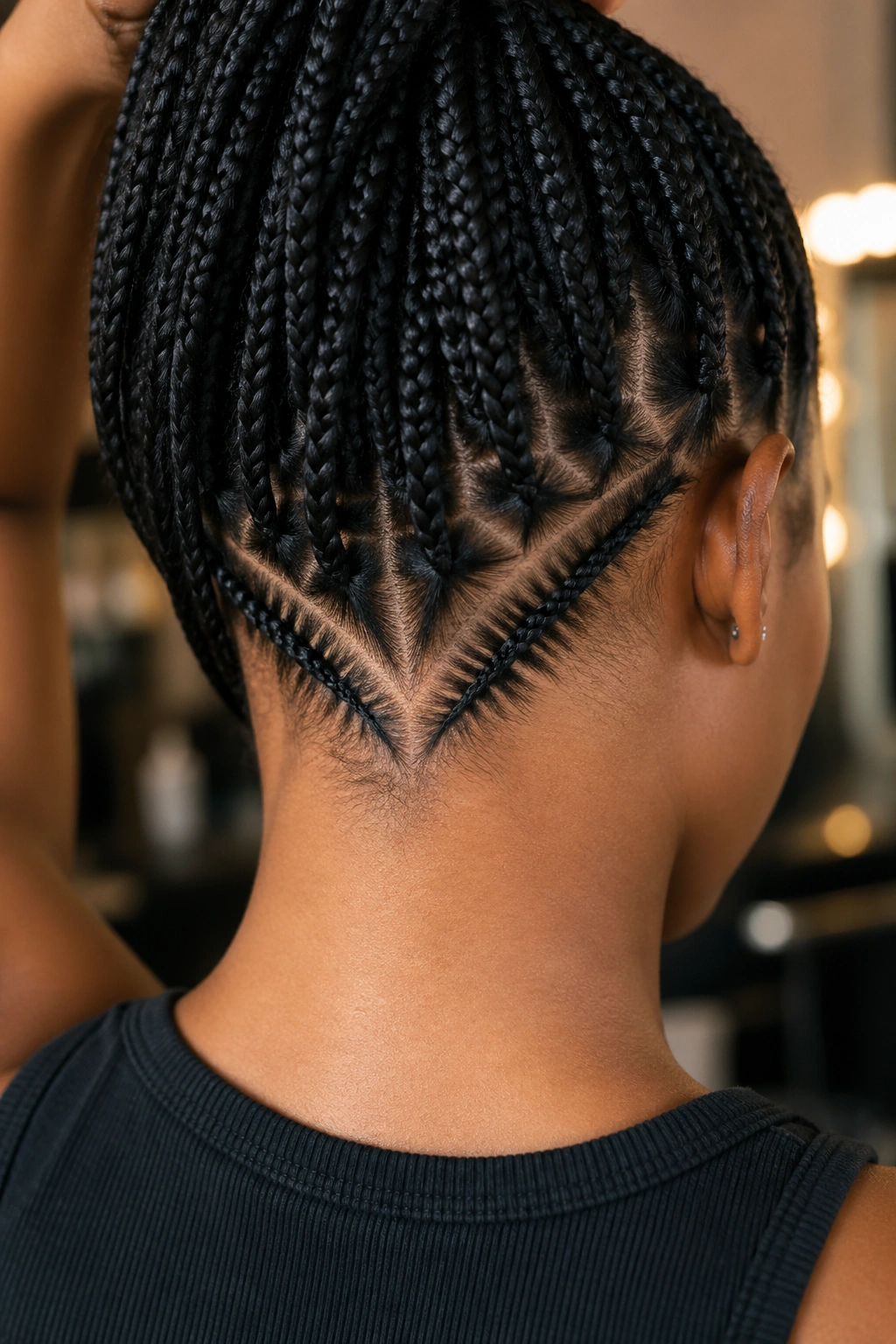 Nape area with V-shaped parting for low braids on a real person.