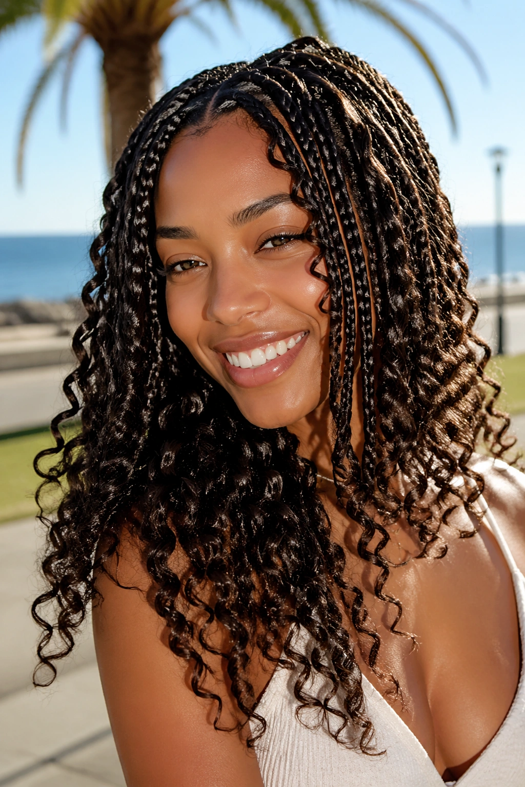 Close-up of a real woman with fuller curly ends on medium box braids outdoors in sunny setting.