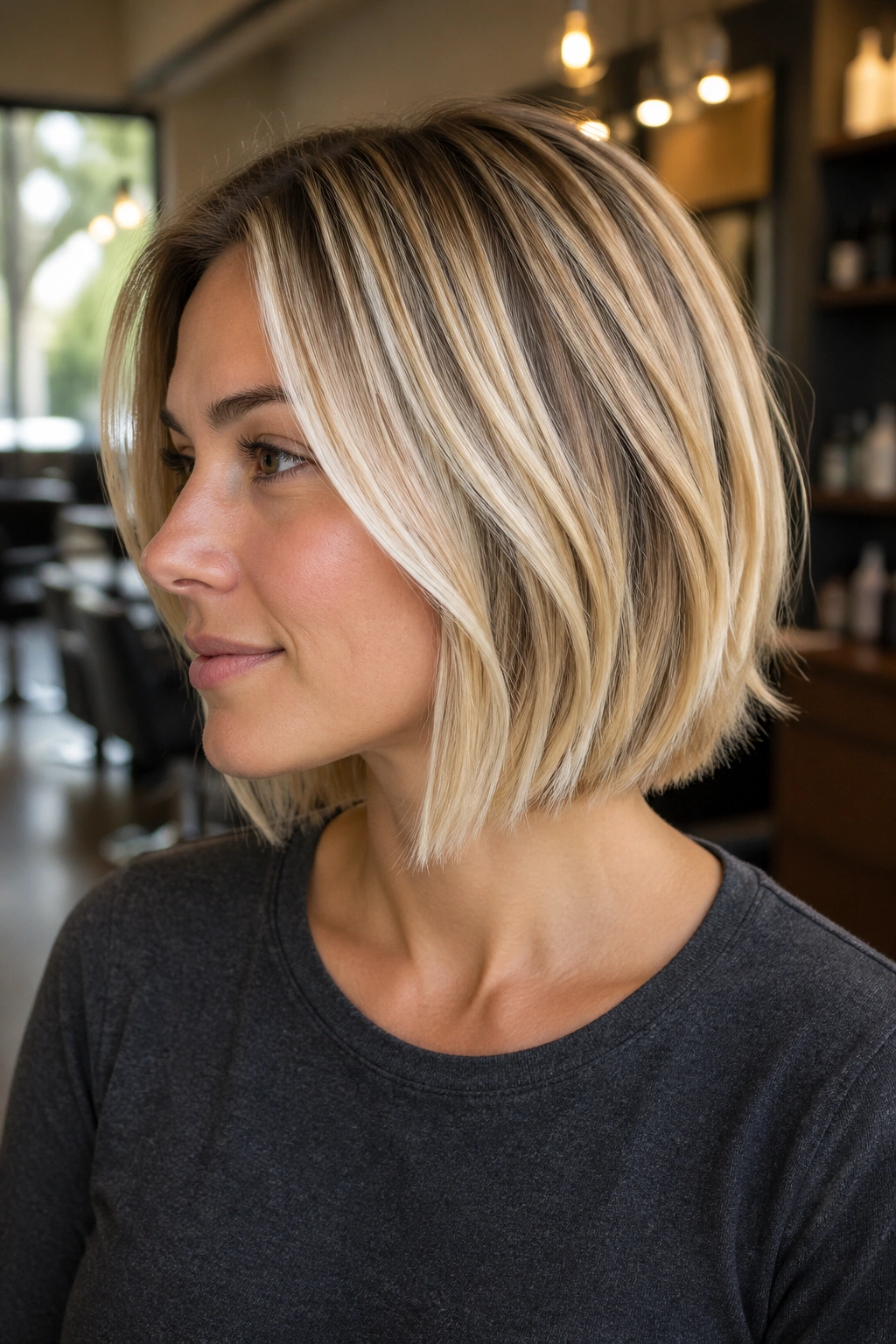 Close-up of vanilla blonde panels on a real person with a bob in a salon