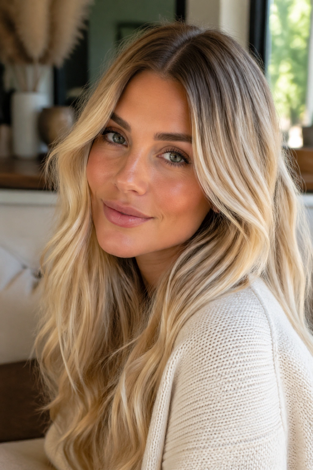 Portrait of a woman with vanilla blonde hair and root glaze.
