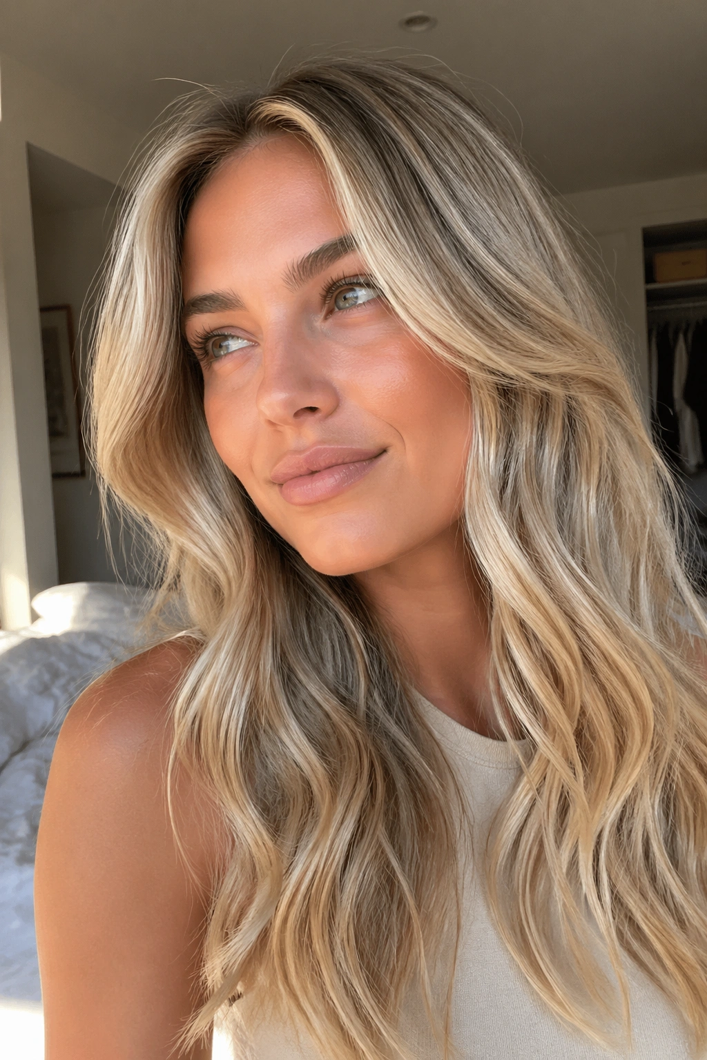 Close-up portrait of a woman with vanilla cream balayage by a sunlit window