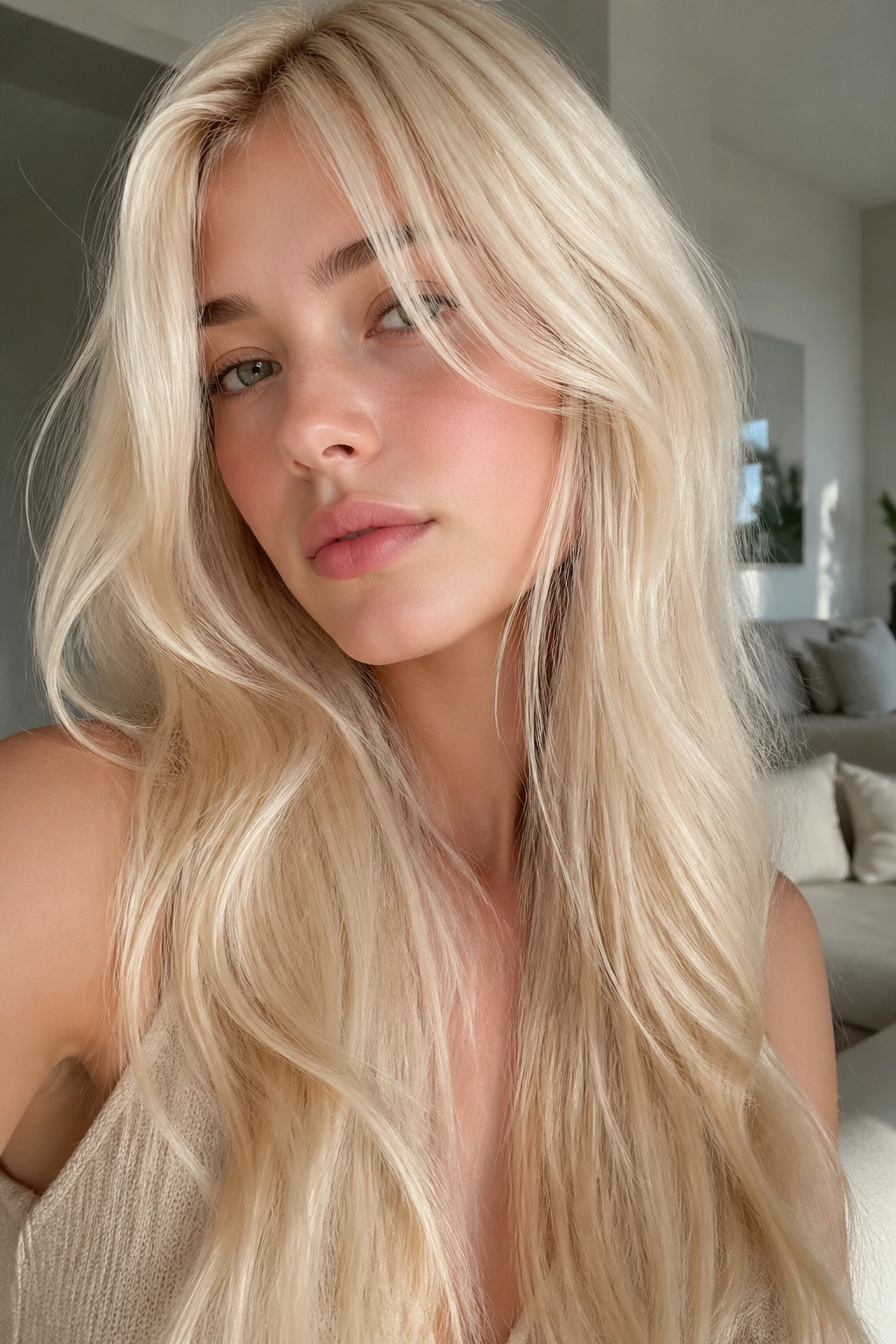 Close-up of a real woman with Vanilla Cream Blonde pale creamy hair.
