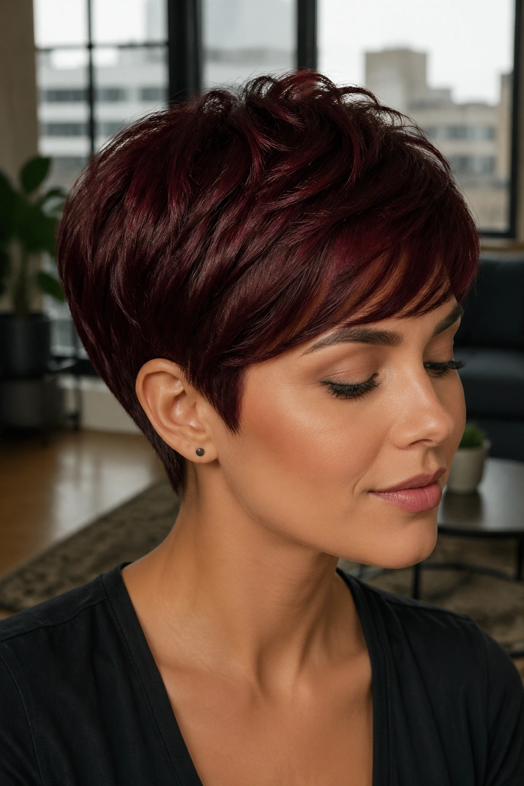 Close-up of a person with velvet mahogany pixie cut in a bright urban room.