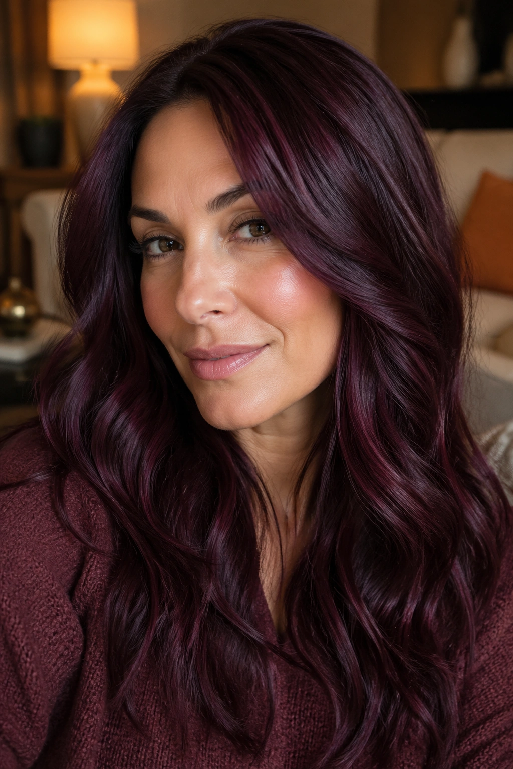Close-up of a real woman with velvet plum hair color and glossy finish in warm interior light