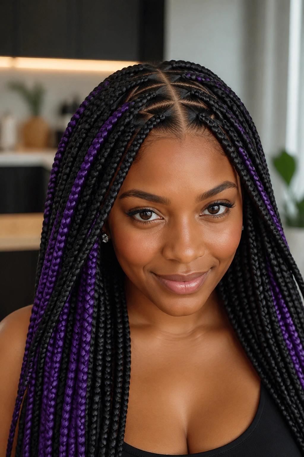 Front portrait showing triangle-part braids with violet peekaboo under sections