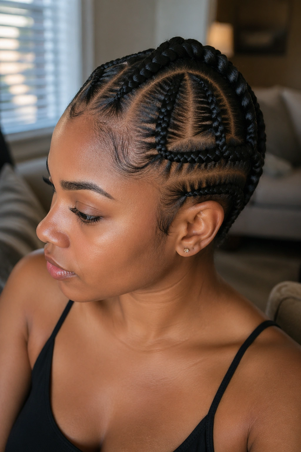 Close-up of Vixen Braids for Flip-Over Coverage on a real woman, with open perimeter sections