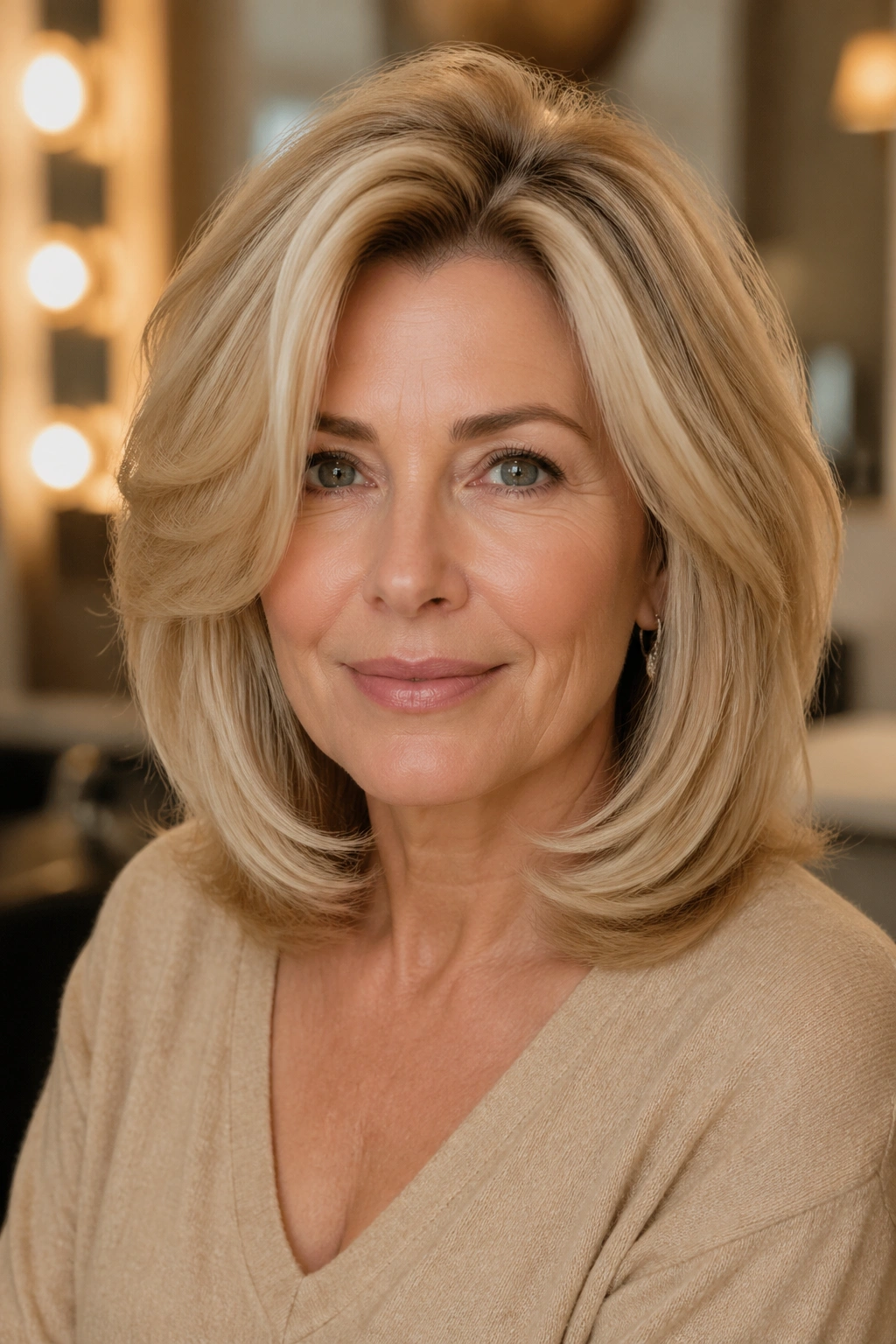 Portrait of real woman with voluminous beige blonde blowout in a dressing room