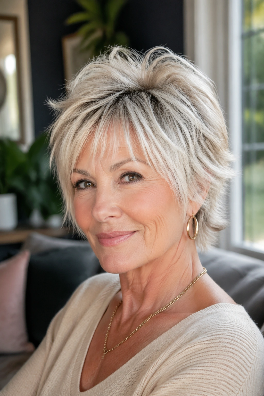 Close-up of real woman with voluminous crown shag