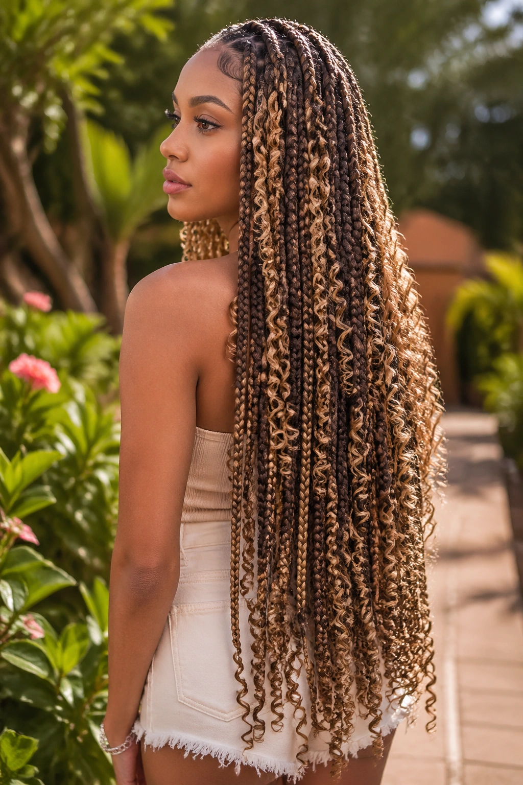 Real woman with waist-length boho braids and spiral ends in sunlight.
