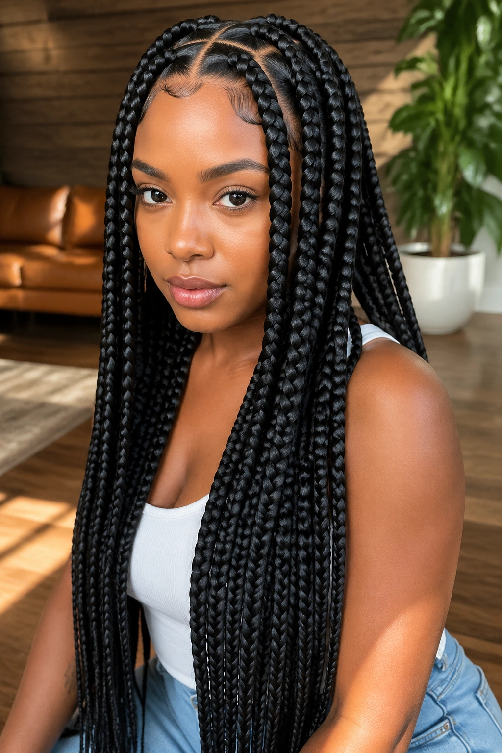 Close-up of waist-length jumbo knotless box braids on a real person in a warm sunlit living room